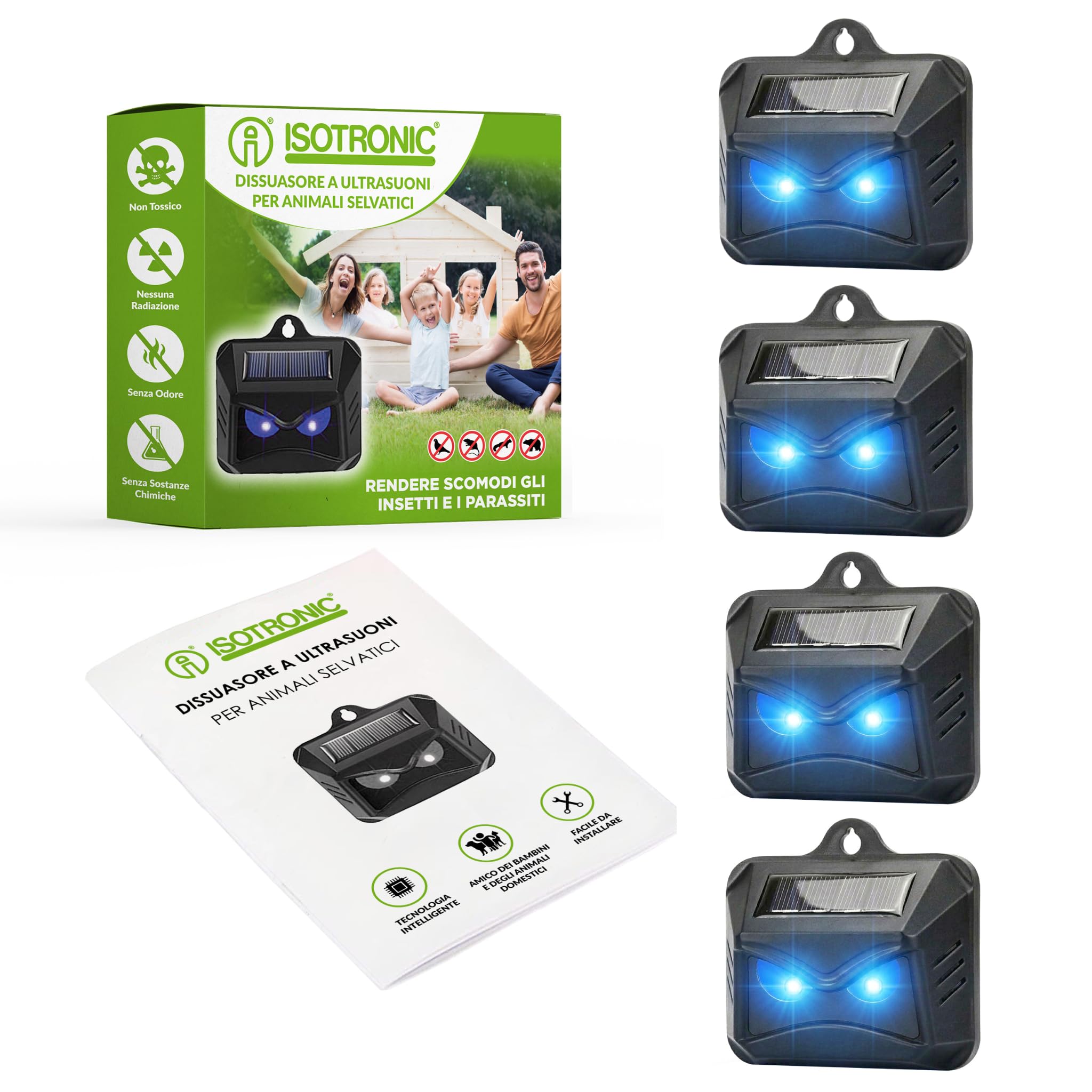 ISOTRONIC Repellente Solare Animali Selvatici LED Blu (4 Pezzi), Dissuasore per Procioni Cervi Volpi Cinghiali, Raggio d'azione 40m², Deterrente Efficace Esterno e Giardino Senza Veleni