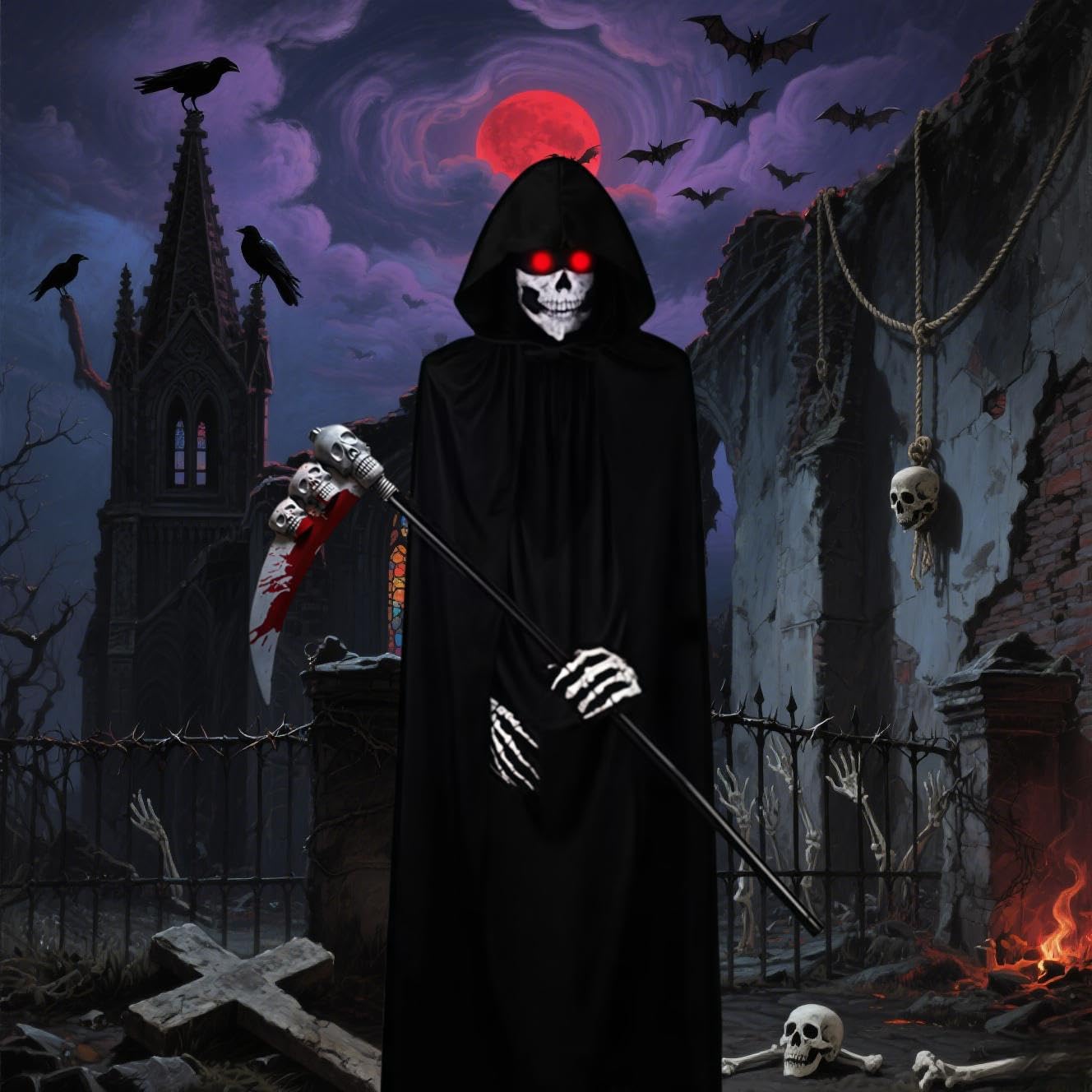 Grim Reaper Costume Kids Halloween, 6 Pcs Dark Skeleton Custume, Red Glowing Glasses, Mask, Gloves - Image 4