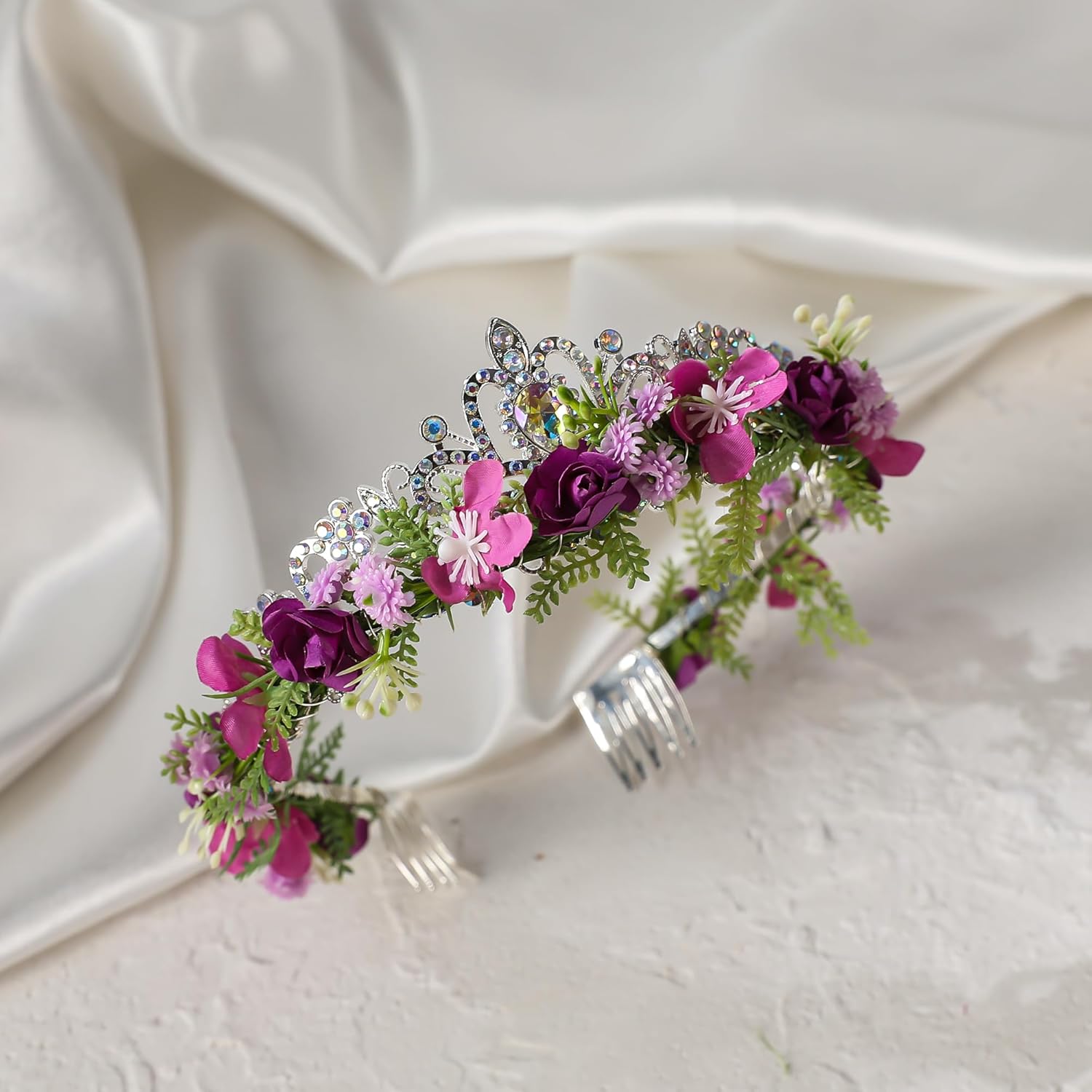 Purple Flower Crown Headband, Fairy Princess Floral Headpiece, Bridal Flower Tiaras for Women Girls Maternity Birthday Wedding Renaissance Festival Party Hair Accessories - Image 3