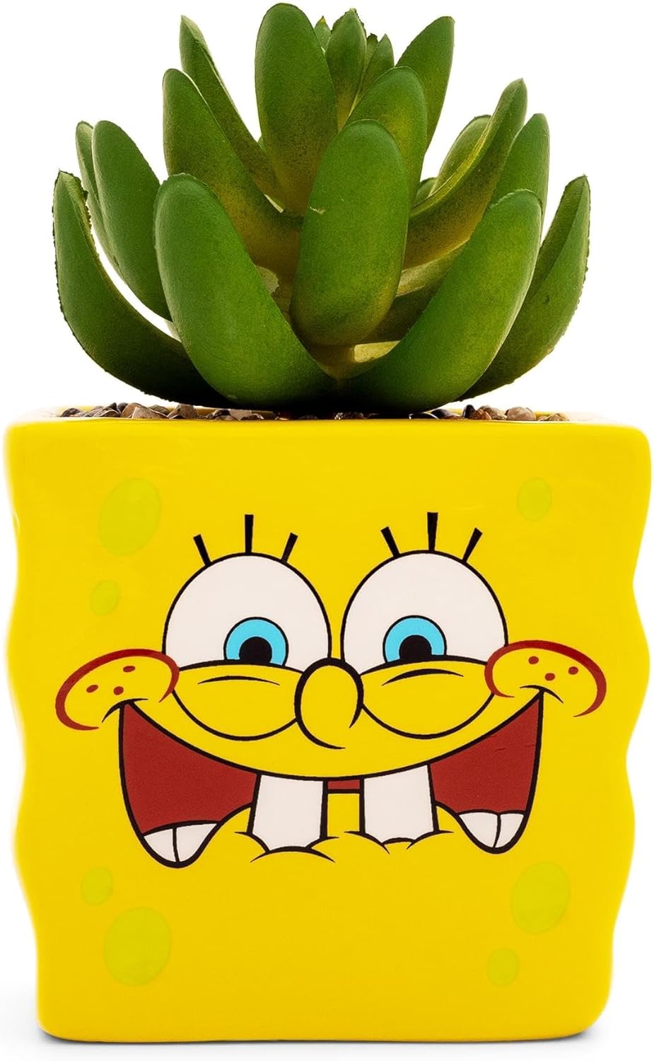 Silver Buffalo Nickelodeon Spongebob Squarepants Face 3-Inch Ceramic Mini Planter with Artificial Succulent | Flower Pot, Faux Indoor Plants