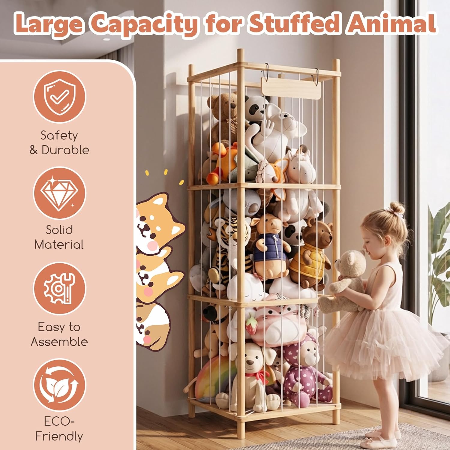Stuffed Animal Storage, 54 Inch Wooden Stuffed Animal Toy Organizer, Large Capacity Stuffed Animal Zoo Holder for Toddler, Space Save Toy Organizer for Playroom, Nursery, Bedroom