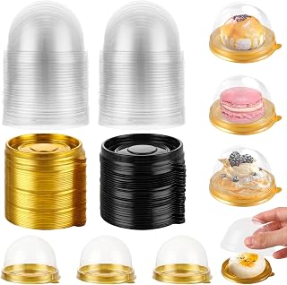 200 Pcs Mini Bundt Cake Containers, Clear Plastic Cupcakes Containers Muffin Mooncake Holder, Mini Cupcake Boxes with Dome Lid for Cheese Pastry Dessert Mooncake (100 Gold,100 Black)