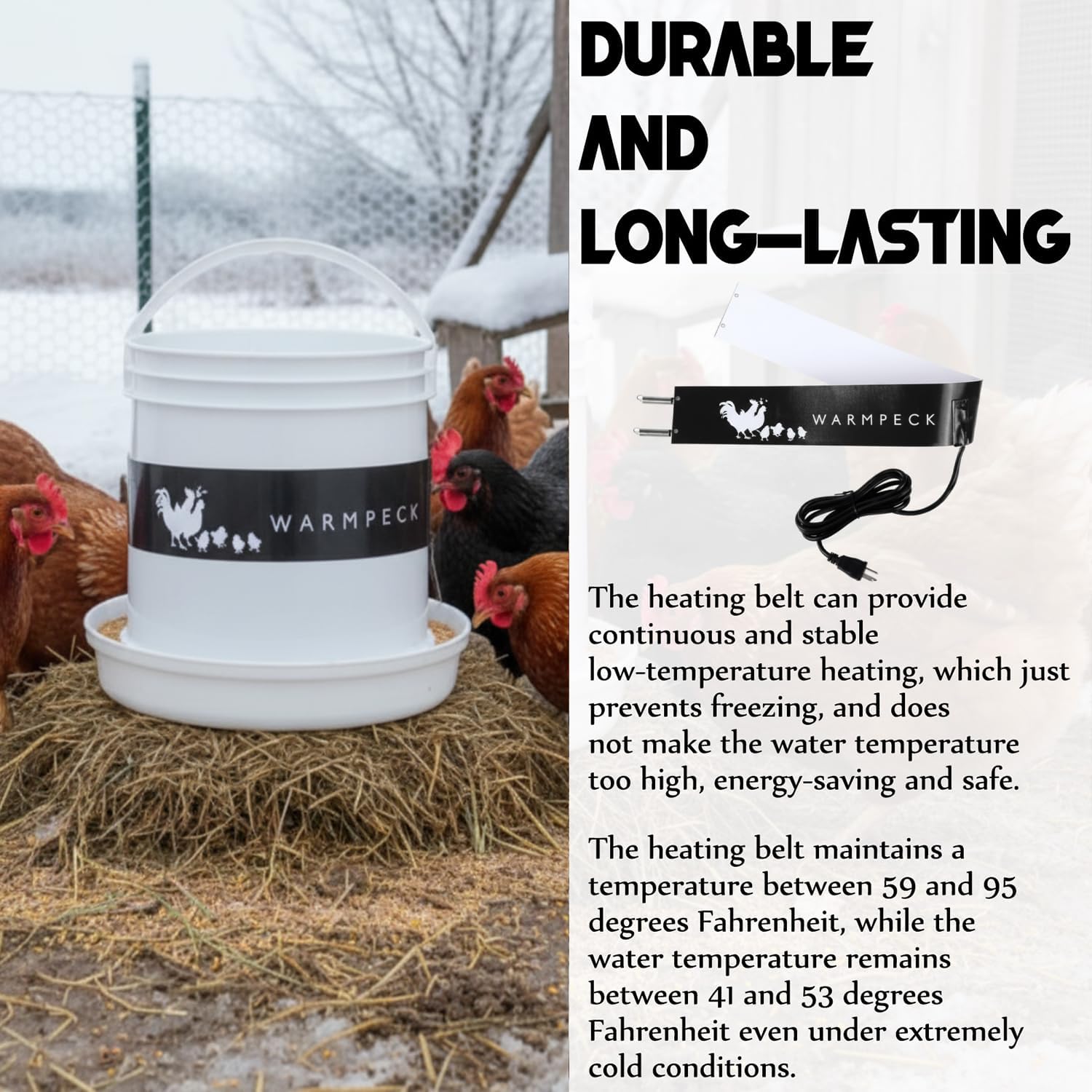 Remerry 2 Pack Chicken Water Heater Thermostat Bucket Belt Heated Strap for 2-5 Gal Buckets Chicken Waterer with 6ft Power Cord Self Regulating Heating Bucket Belt for Freezing Winter (Black)