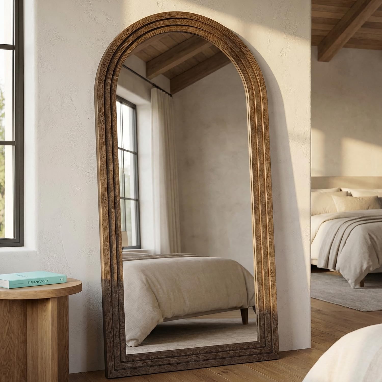CASSILANDO 180x80cm Arched Full Length Mirror with Solid Wood Frame Wall Mounted Floor Mirror, Vertical Hanging Leaning Standing Mirror for Living Room, Bedroom, Entryway, Brown