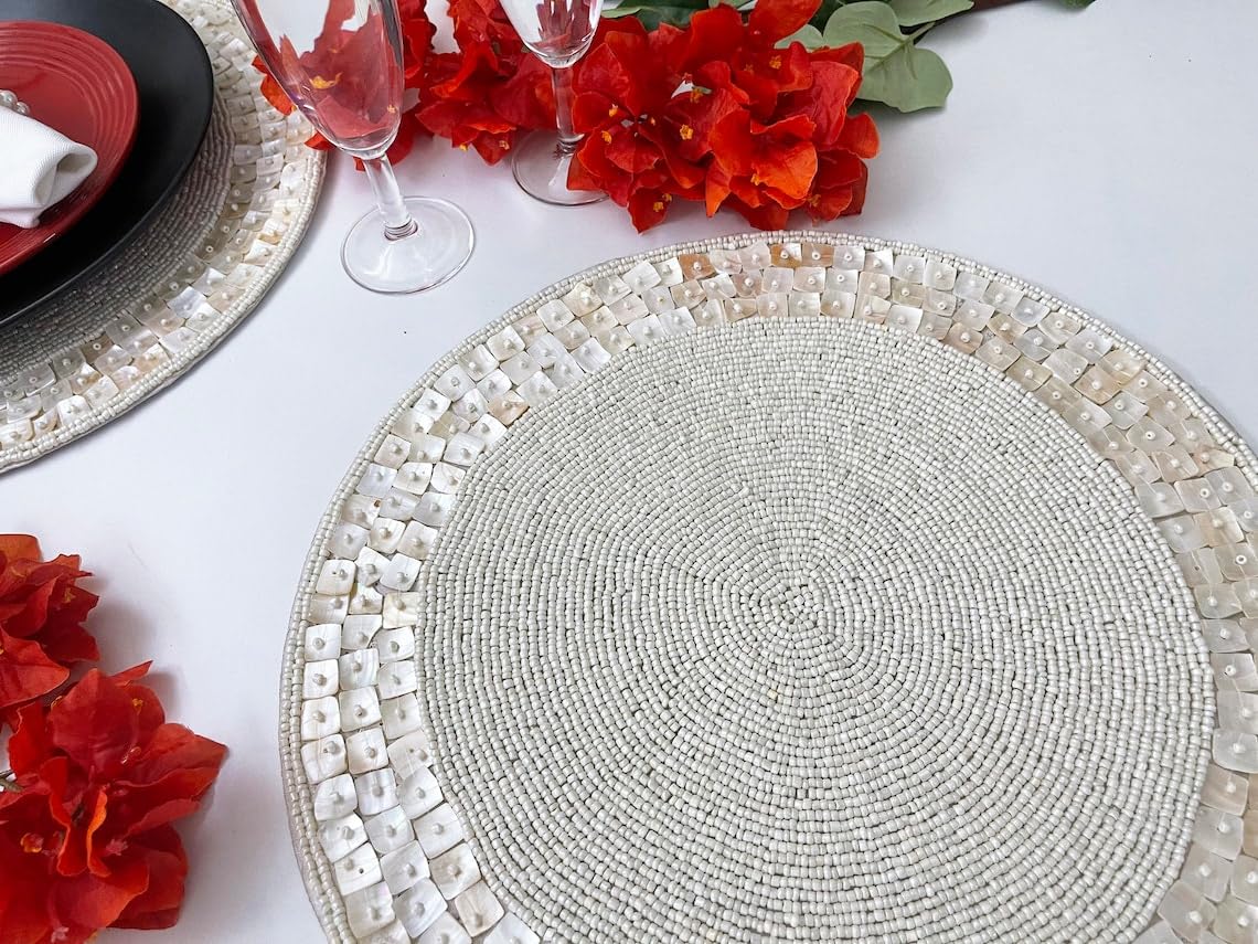 Enliven Manteles individuales hechos a mano con cuentas, decoración de mesa de sala de estar, mantel de mesa, perla blanca | Juego de 2