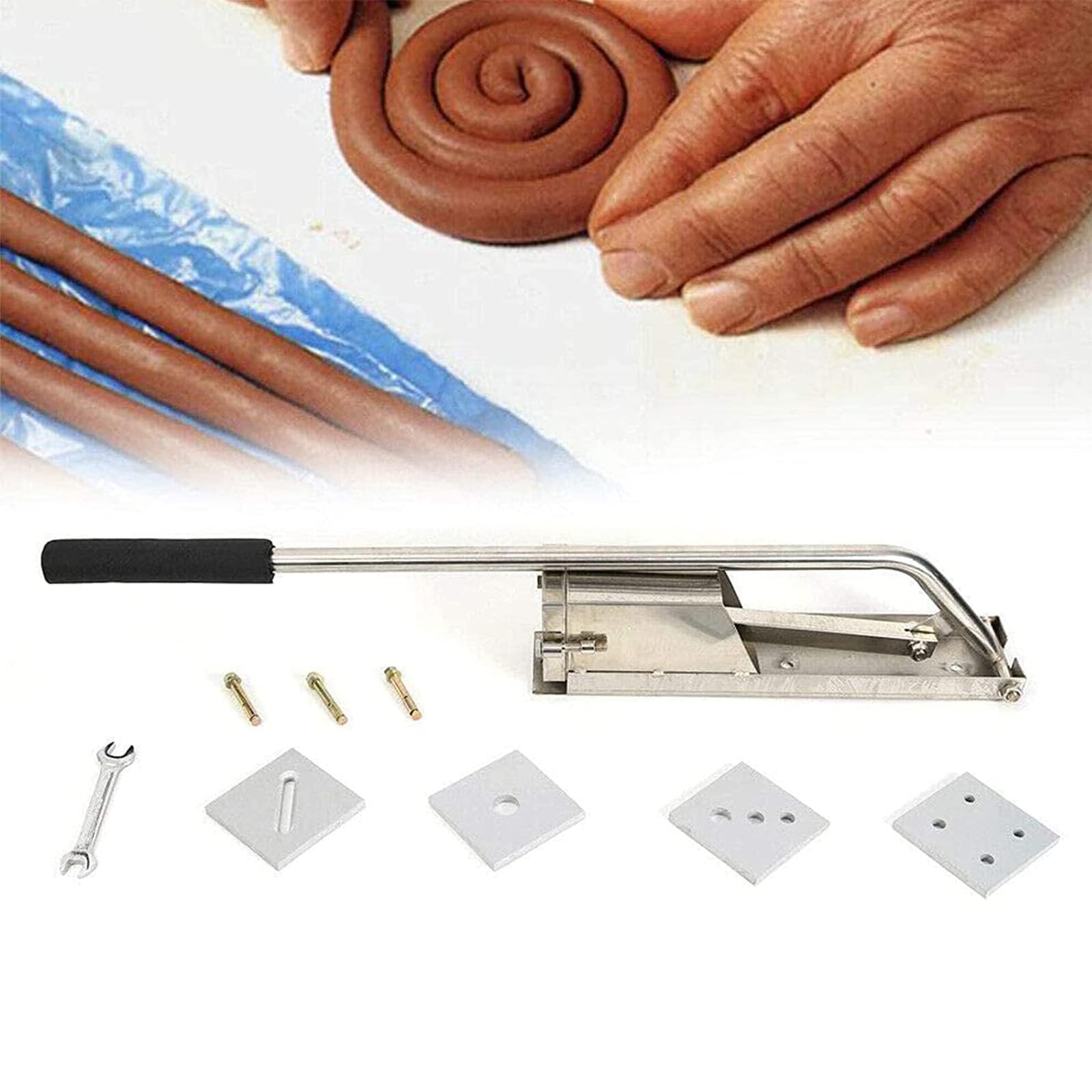 Extrusora de arcilla para montaje en pared, acero inoxidable con 4 moldes para construcción de bobinas, esculpir y construir a mano, tamaño: 99 x 13 x 15 cm
