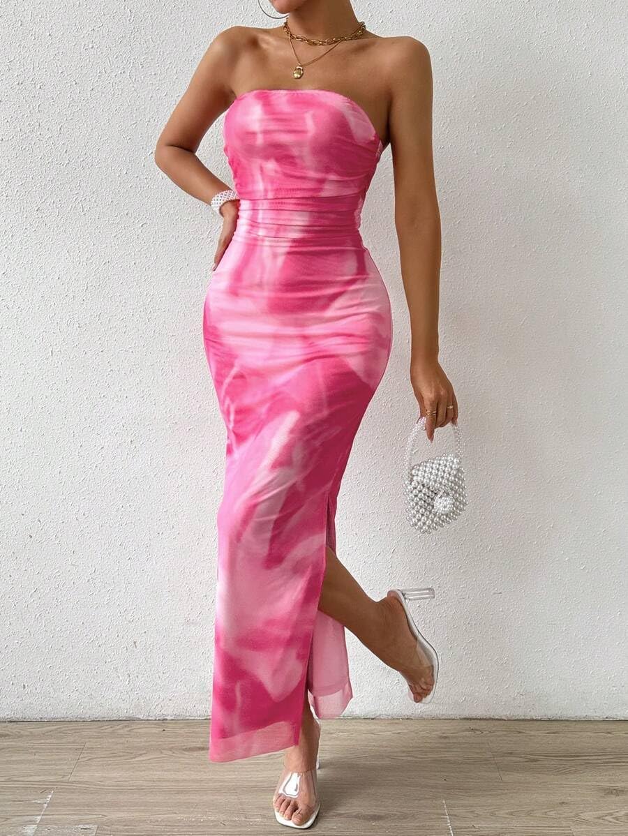 LIGHT DOT Women's Ruched Strapless Bodycon Dress Elegant Tie Dye Midi Guest Dresses Formal Outfits Date Party - Image 3