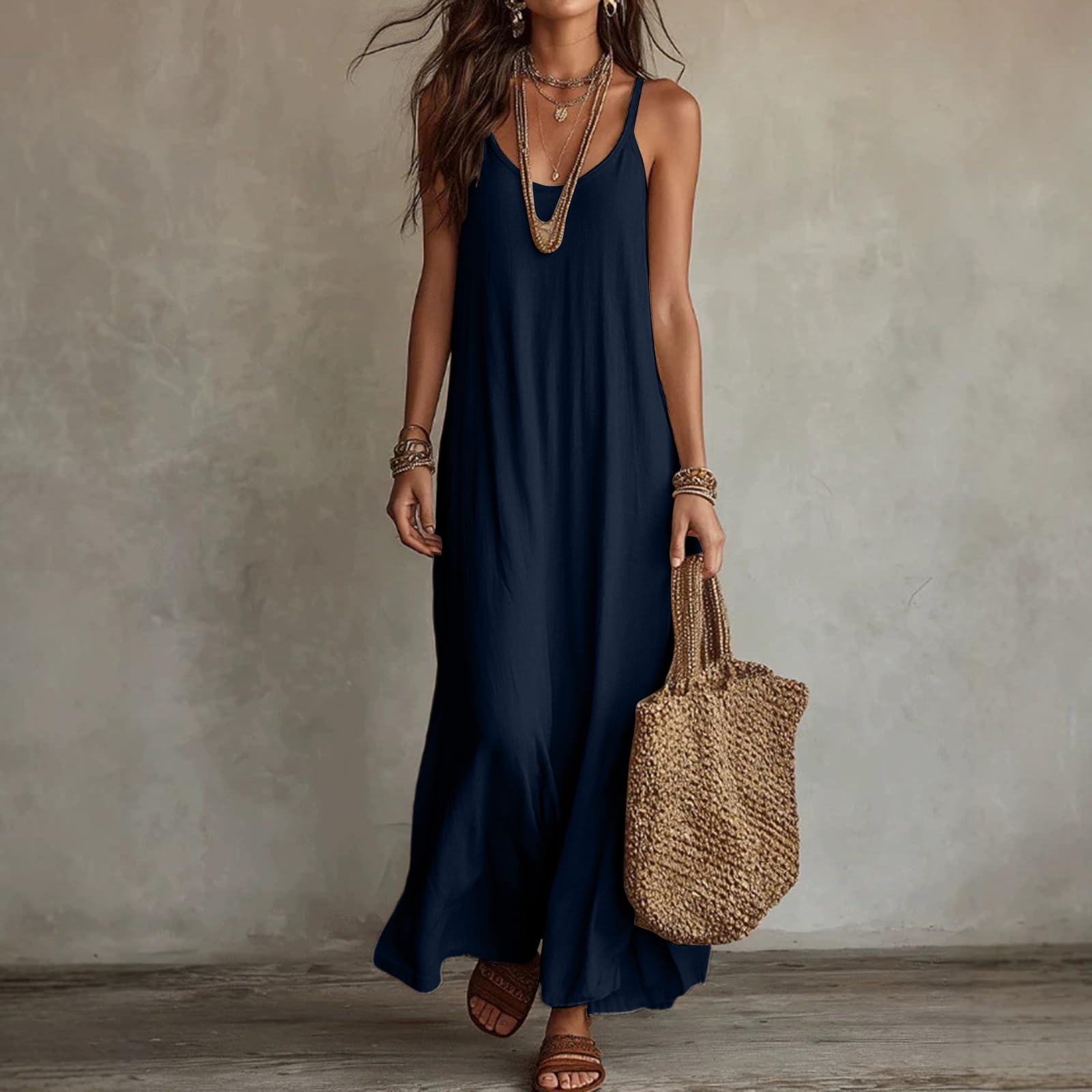 Sommerkleid Damen Ärmelloses Cami-Kleid Strandkleid Damen Boho Swing Ärmellos Lang Maxi Lässig Für Urlaub Strand Haus Einfarbig Locker Spaghettiträger Kelid
