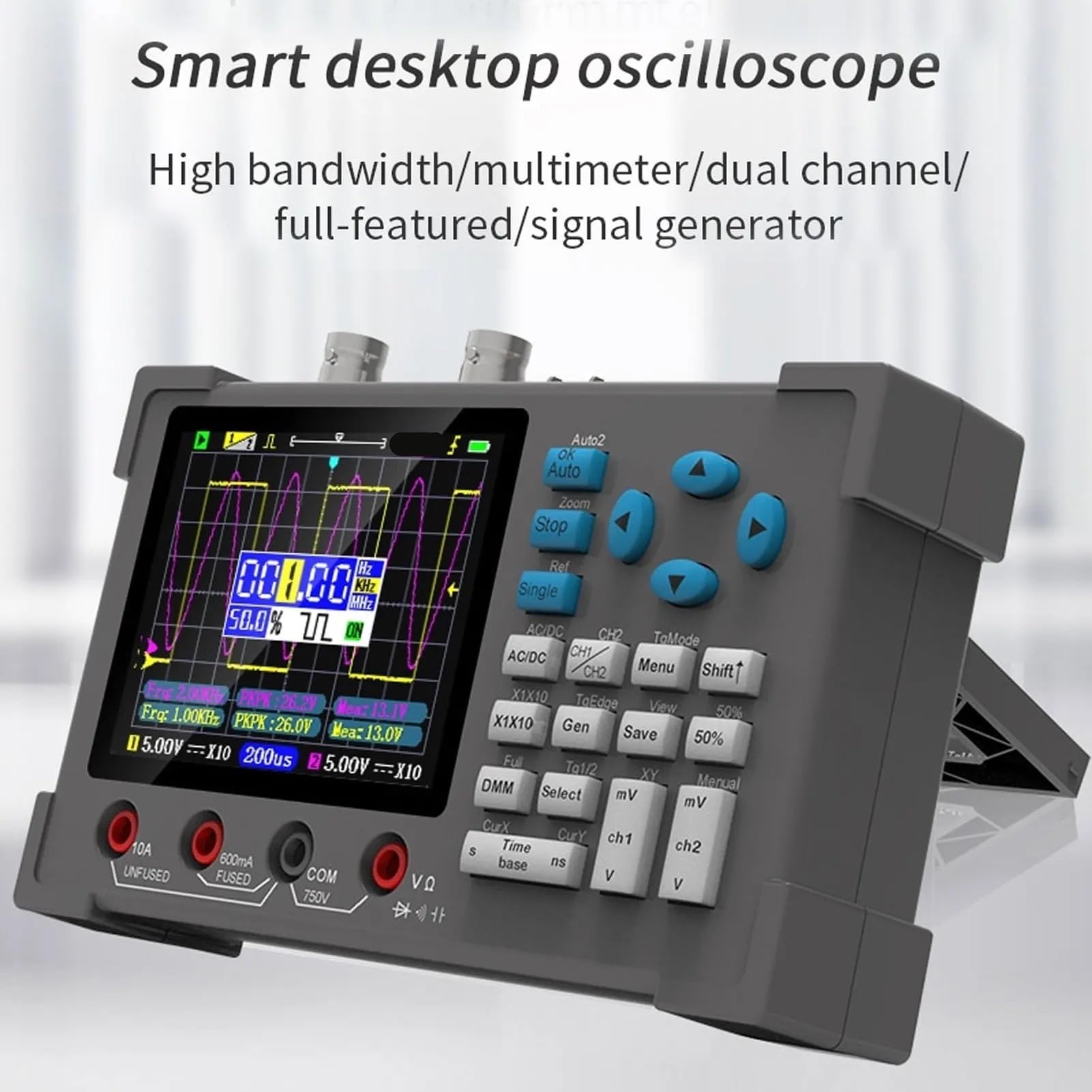 Generador de señal multímetro de osciloscopio digital portátil 3 en 1, ancho de banda de 120 MHz 250 MSa/s de 2 canales con pantalla IPS de 3,2"