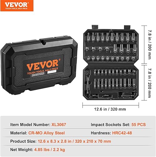 Miniatura 69 de VEVOR Juego de dados de impacto de 3/4 pulgadas, 29 piezas, enchufes de 6 puntos, construcción resistente, CR-M0, juego de llaves de vaso de 3/4