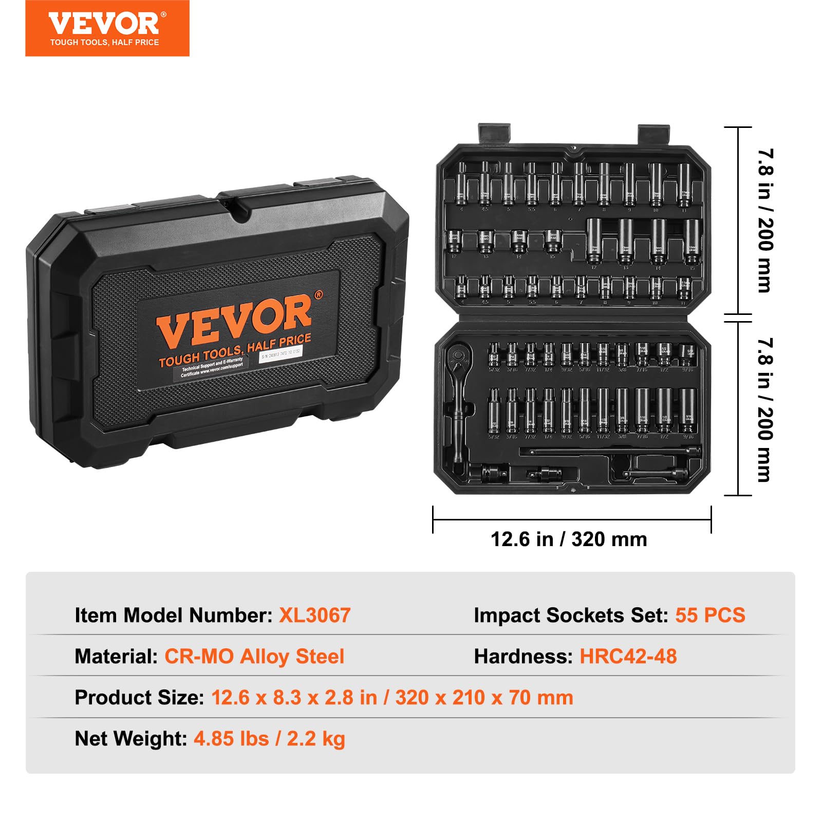VEVOR Set di Bussole a Percussione 6,35 mm, Set di 55 Bussole Profonde e Poco Profonde SAE 5/32-9/16" e Metriche 4-15 mm per Riparazioni Auto, Bussole Marcature delle Dimensioni Facili da Leggere