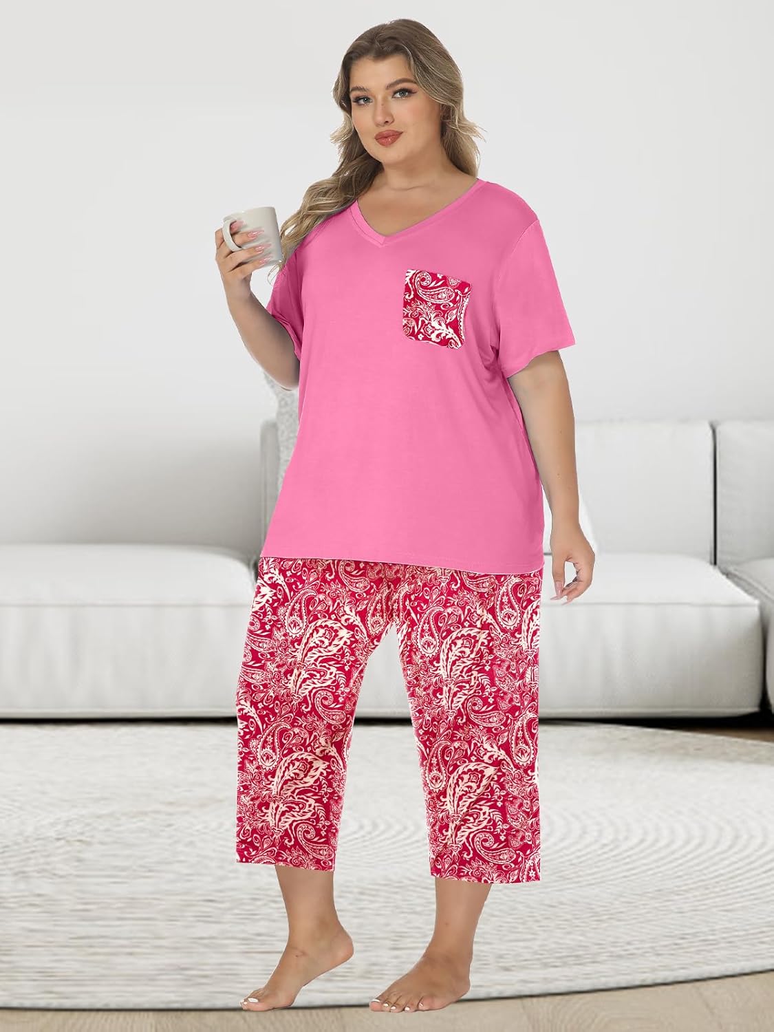 Womens Modal Plus Size Pajamas Capri Pajama Sets Soft Pjs V Neck Shirt Printed Capri Pants With Drawstring S-3XL - Image 5