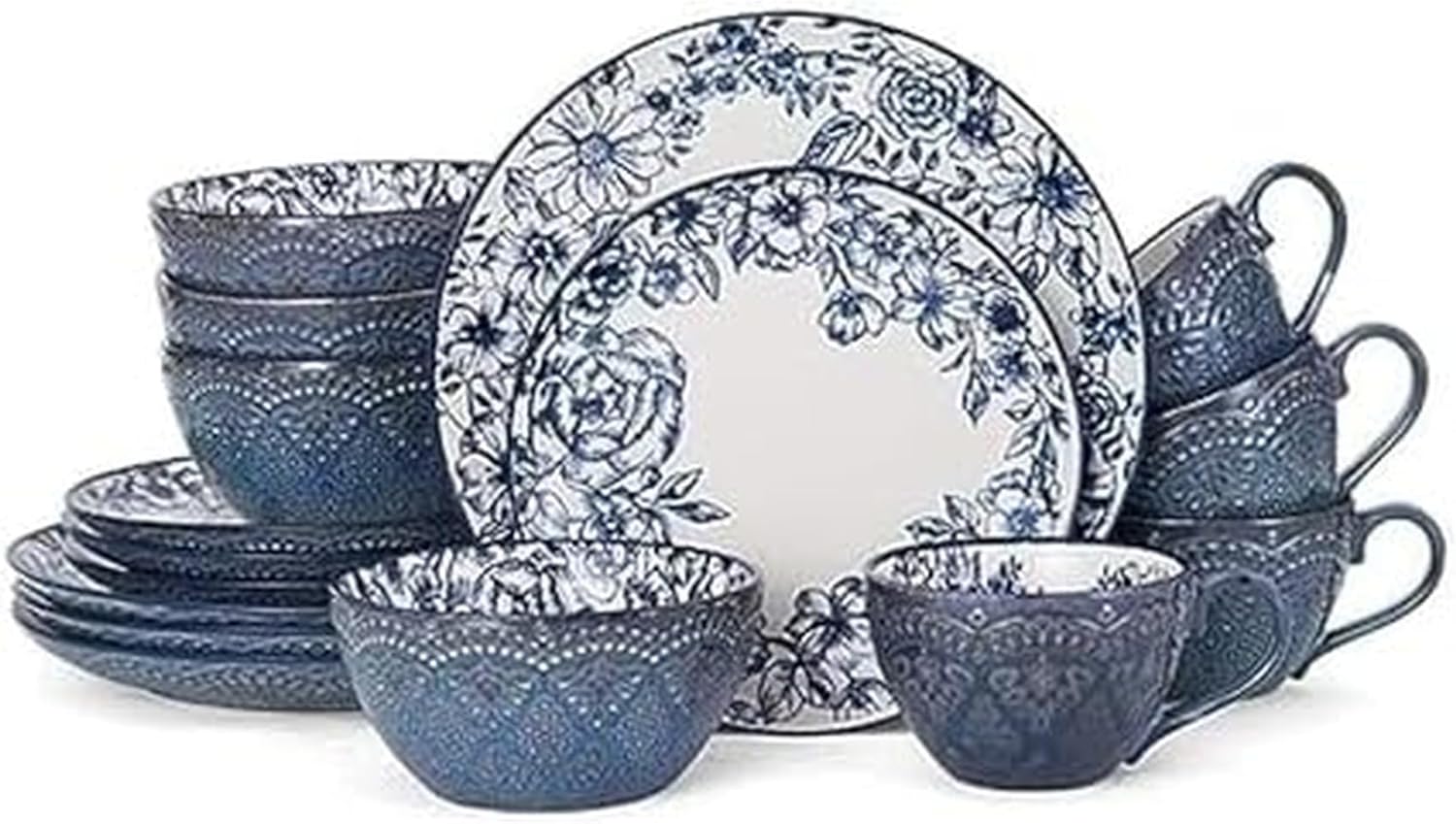 Pfaltzgraff Gabriela Blue 16-Piece Dinnerware Set, Service for 4, Durable Stoneware Plates, Bowls, and Mugs with Elegant Blue Pattern, Dishwasher Safe