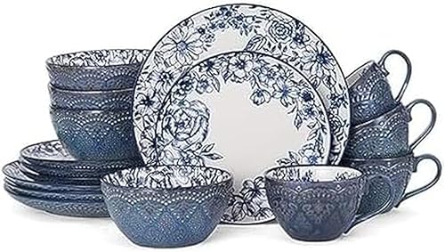 Pfaltzgraff Gabriela Blue - Juego de vajilla de 16 piezas, servicio para 4, platos, tazones y tazas de gres duradero con elegante patrón azul, apto