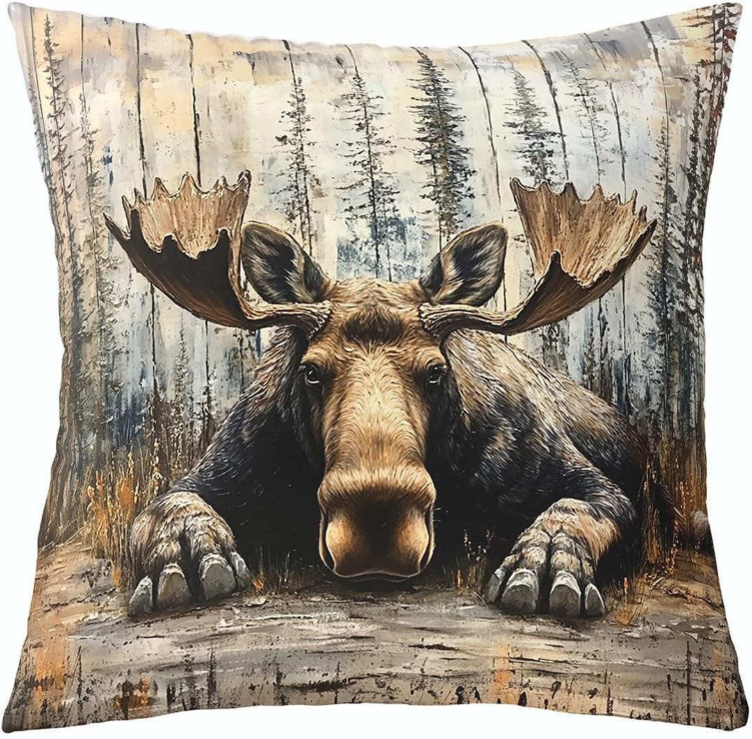 Feelyou Vintage Bear Throw Pillow Covers 16"x16" Set of 4 Soft Kids Cabin Deer Hunting Decor Pillowcases for Boys Girls Teens Farmhouse Wolf Moose Animals Wood Cushion Case Room Decor