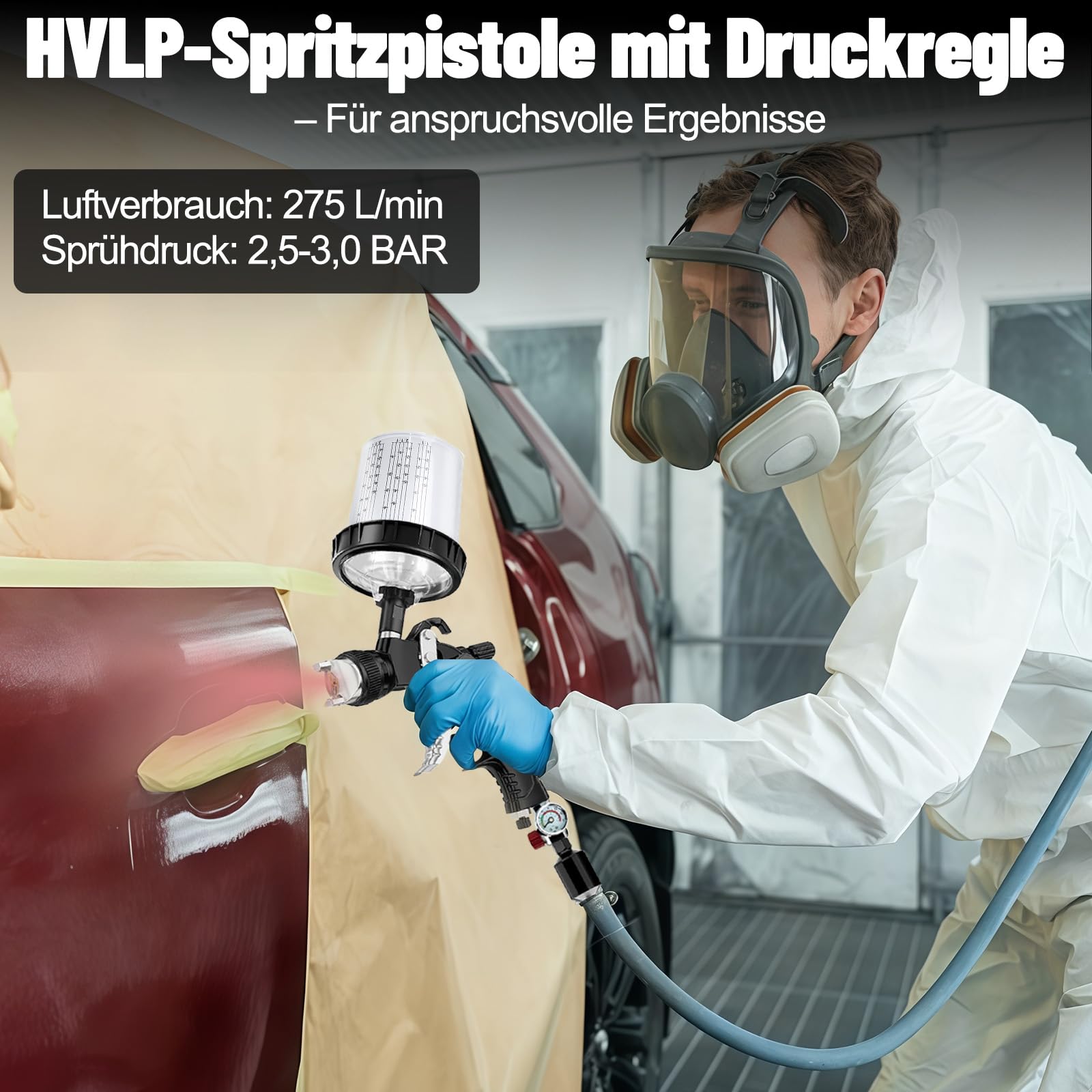 HVLP Lackierpistole Spritzpistole mit 4 Düsen-1,4/1,7/2,0/2,5mm, Lackierpistole Druckluft Schwerkraft Sprühgeräte mit 600ML Messbechern, 10 Einweg-Farbmischbechern und Deckeln, 20 Filtern (Schwarz)