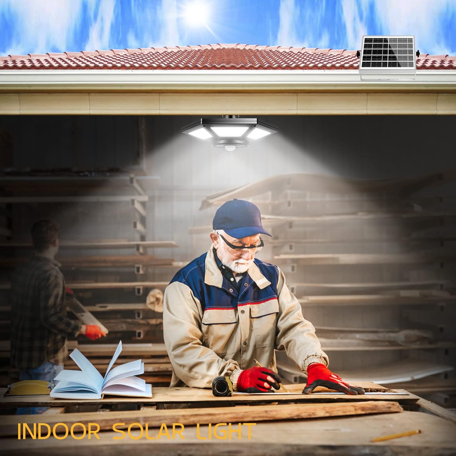 Solar pendant light installed in various locations like a garage, patio, and shed.