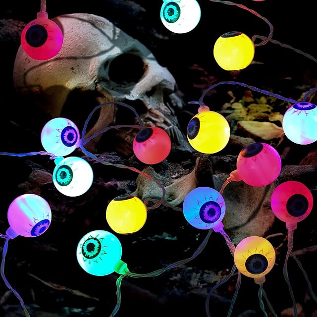 FINGOOO Halloween String Lights 3 metres 20 Pieces Eyeballs Light Room Garden Decoration Light Up for Halloween Decoration Assorted Colours