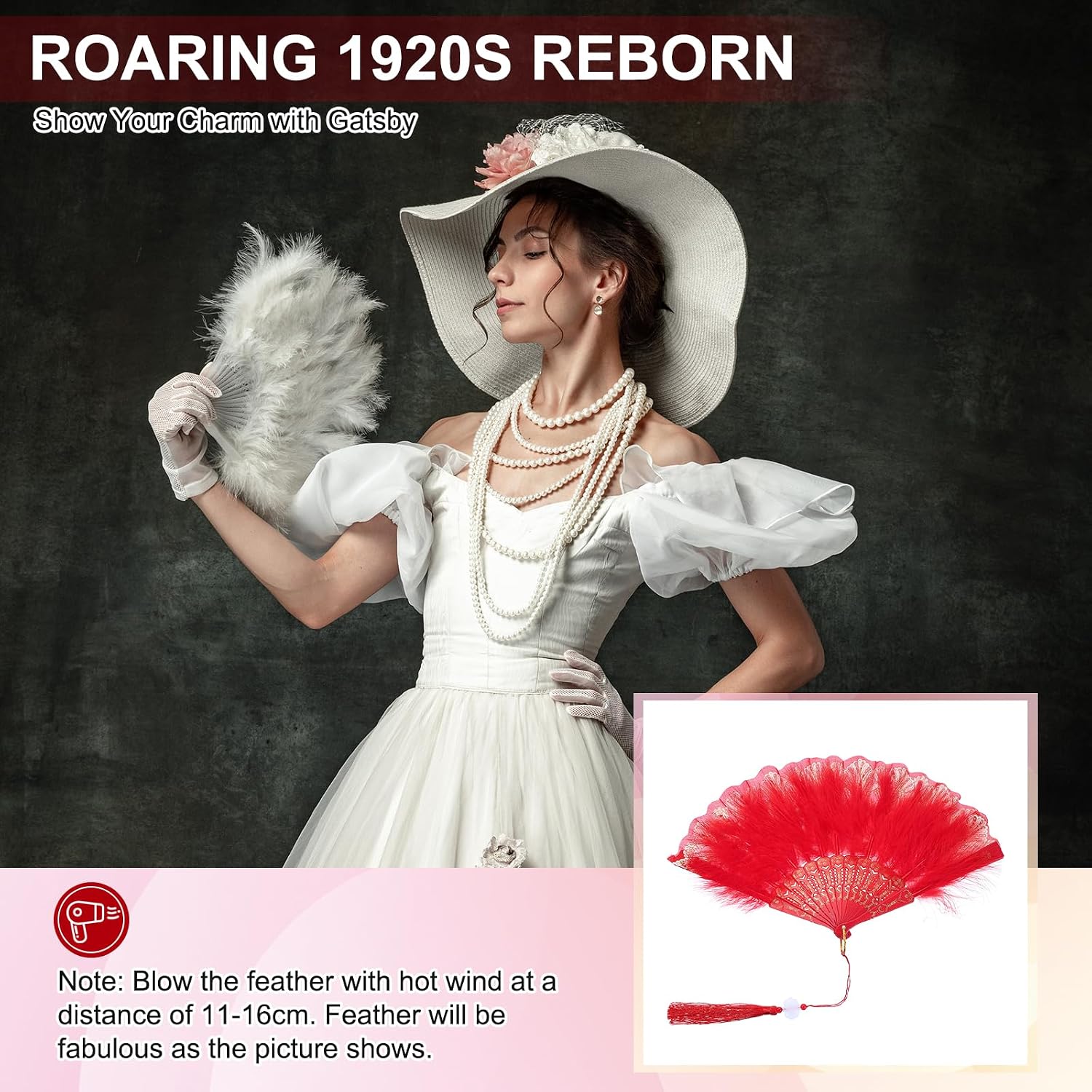 PATIKIL Embroidered Flower Marabou Feather Fan, 4 Pack 1920s Vintage Folding Handheld Fan Chinese Flapper Hand Fan for Costume Party Dancing Wedding Show Tea Decoration, Red image 4