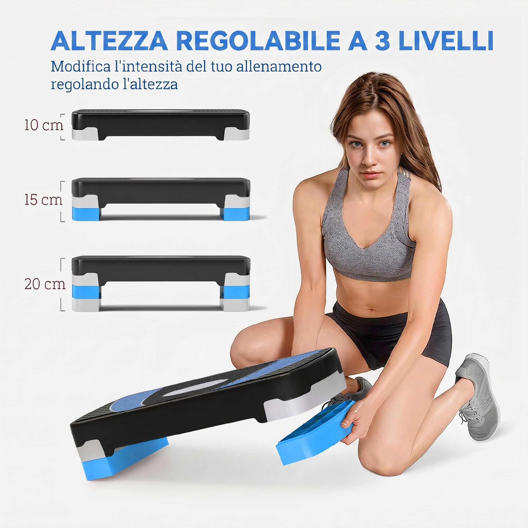 HOMCOM Step Fitness da Aerobica, Stepper Regolabile a 3 Altezze 10-15-20 cm per Allenamento a Casa e Palestra