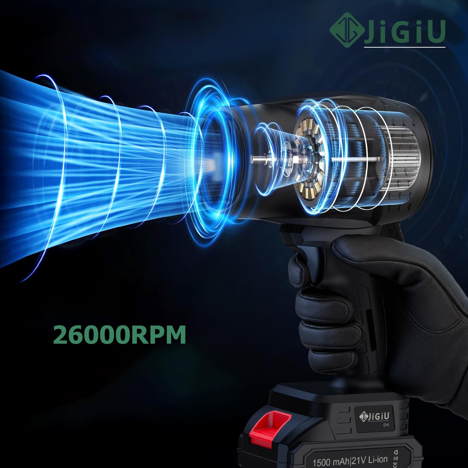 JiGiU Soffiatore di foglie senza fili con batteria, 35000 giri/min, soffiatore d'aria con batteria da 2 x 3,0 Ah, leggero e portatile per giardino, terrazza, auto e polvere