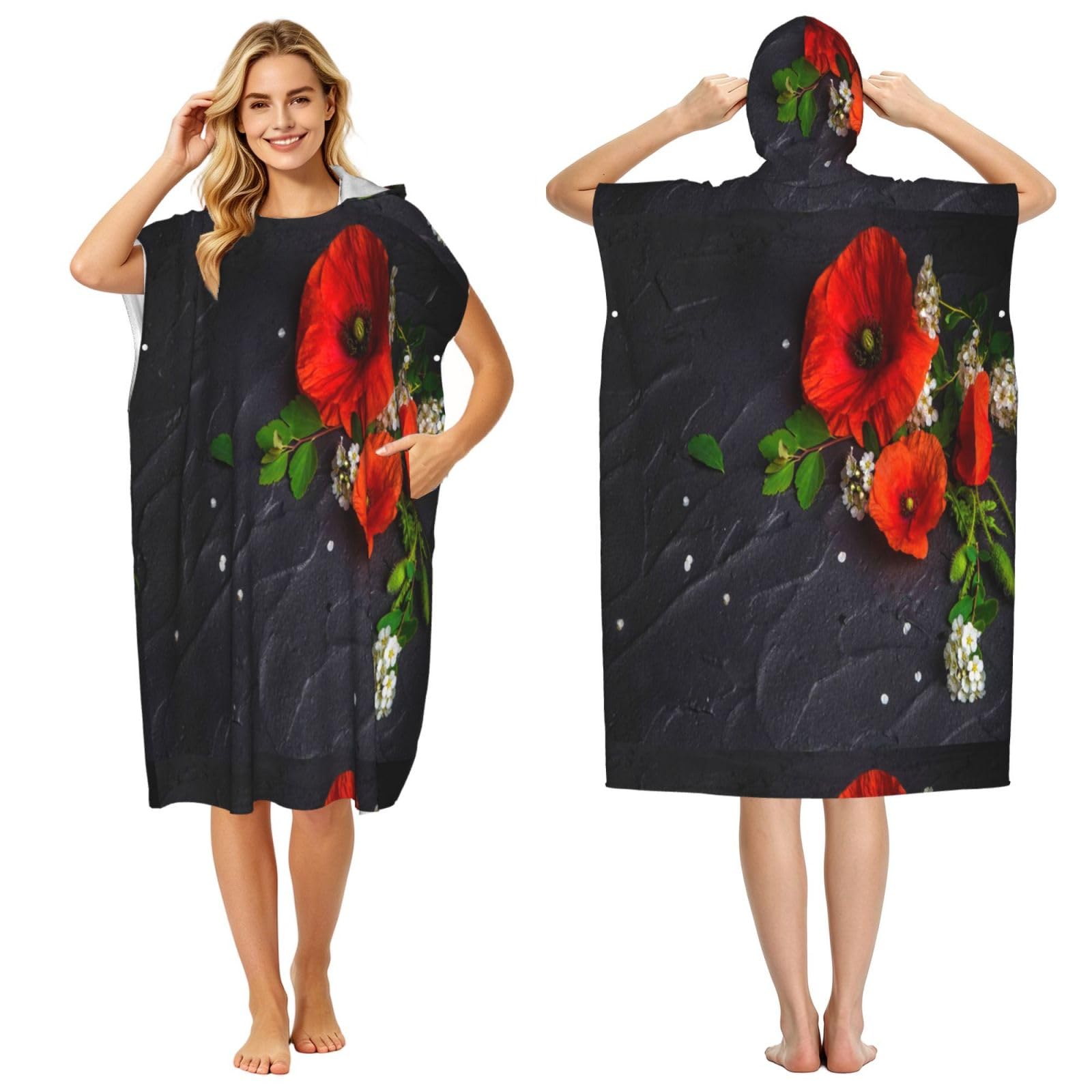 Poadnly Bouquet Of Red Poppies, Adult Hooded Beach Towel 90 x 110 cm,Changing Bath Robe, Surf Poncho Towel For Women Men