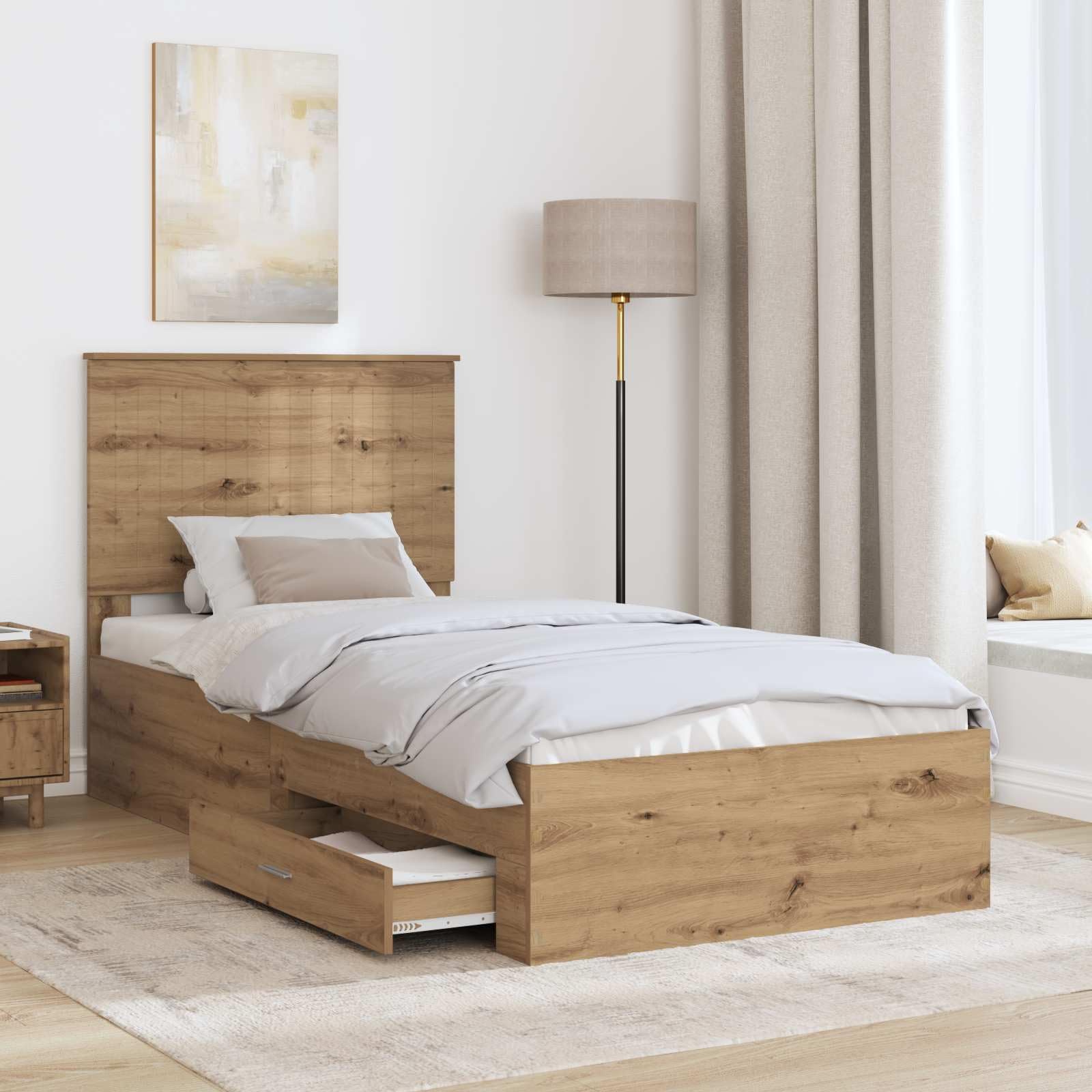 Marco de cama con cabecera, roble artesanal, 90 x 200 cm, hecho de material derivado de la madera, moderna cama de almacenamiento, con cajones, espacio de almacenamiento y diseño elegante