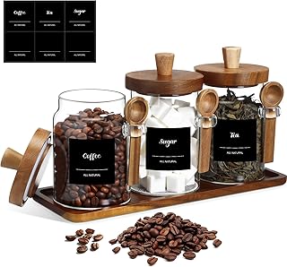 Suclain 3 Pcs Glass Coffee Container with Wooden Lid Spoon Shelf Labels Clear Airtight Jar Food Storage Canister Set for Sugar Spice Coffee Bean Holder Housewarming Gift(20 oz,Acacia Brown)