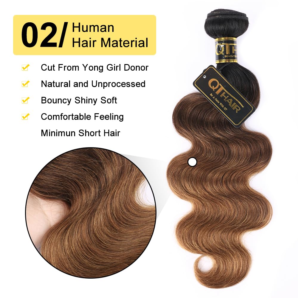 QTHAIR 18A T1B/4/30 Ombre Body Wave Human Hair Weave Brazilian Virgin Hair Bundles Body Wave Human Hair Wavy Brazilian Virgin Ombre Hair 100% Unprocessed Body Wavy Hair Weft 1 Bundle 14"