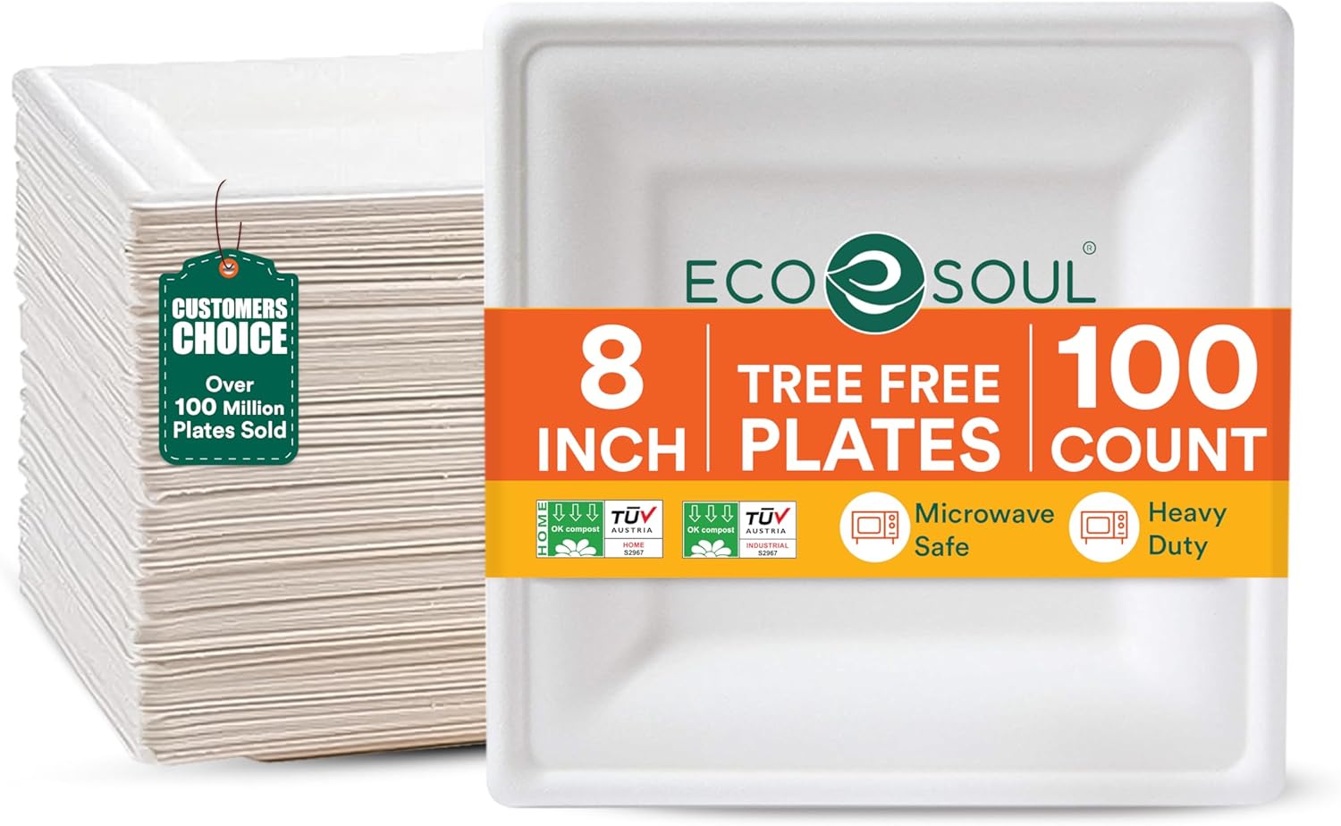 ECO SOUL Compostable Paper Plates 8 Inch, 100 Pack – Heavy Duty Disposable Square Plates, White Bagasse, Leak & Oil Resistant, Microwave Safe, Eco-Friendly for Appetizers, Party, Picnics & Catering