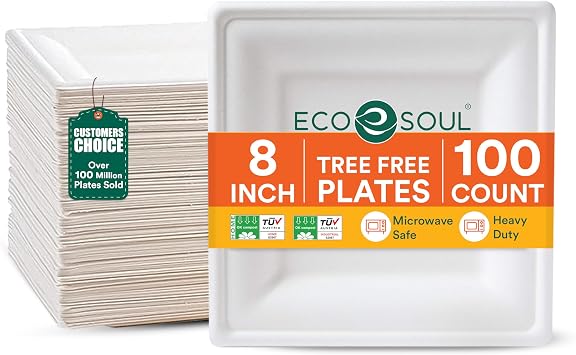 ECO SOUL Compostable Paper Plates 8 Inch, 100 Pack Heavy Duty Disposable Square Plates, White Bagasse, Leak & Oil Resistant, Microwave Safe, Eco-Friendly for Appetizers, Party, Picnics & Catering