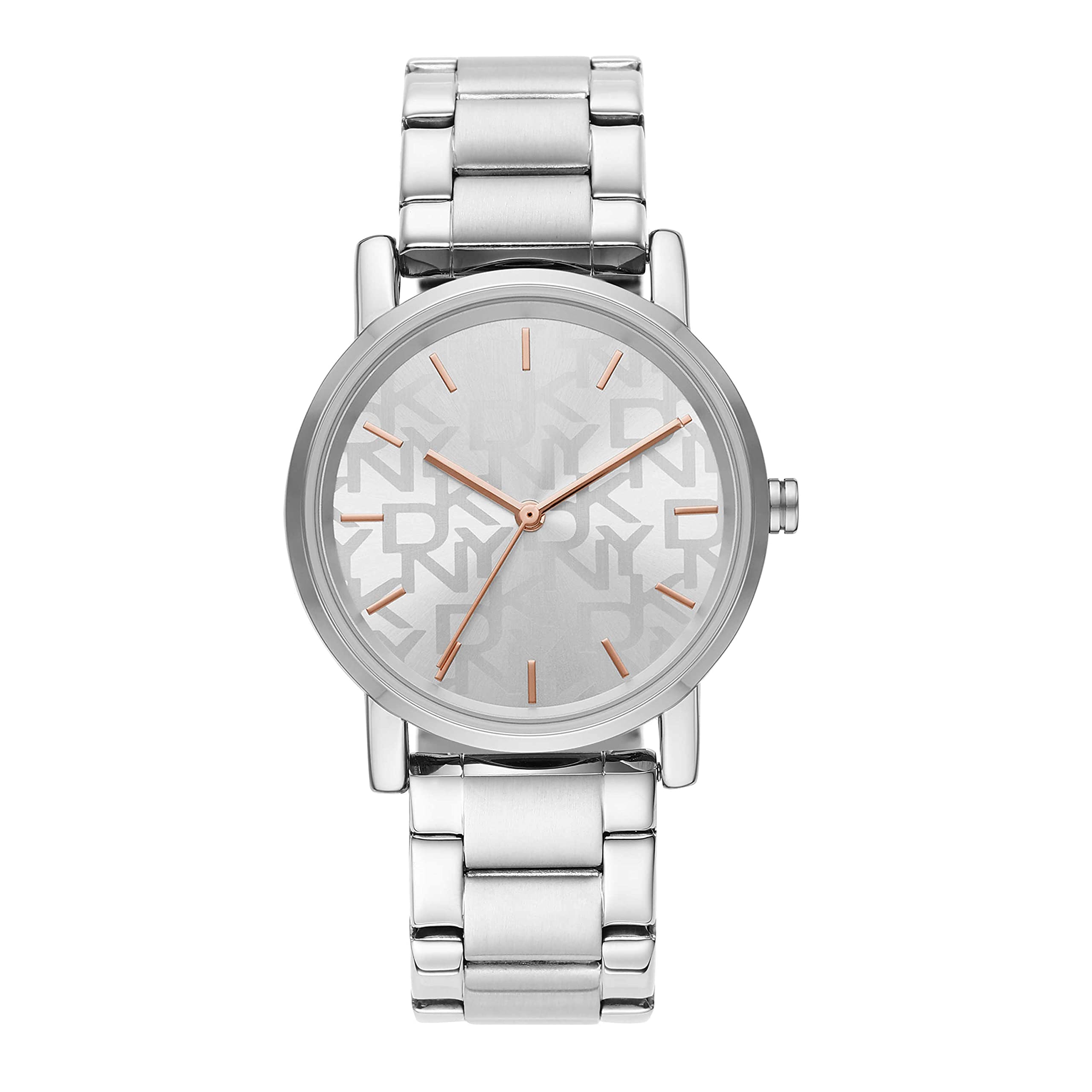 DKNY レディース ソーホー 34mm ステンレススチール クォーツ ドレスウォッチ, シルバー/ローズゴールドのロゴ。