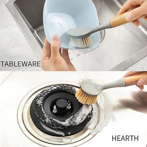 Miniatura 6 de Paquete de 4 cepillos para platos con mango de bambú, raspador integrado, cepillo para lavar sartenes, ollas, fregadero de cocina, encimera,