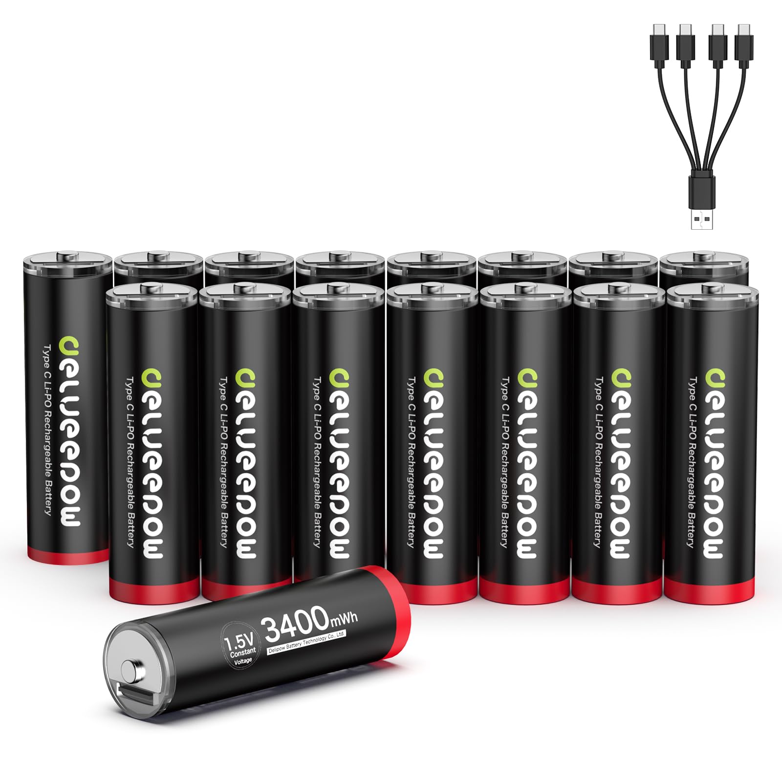 Batterie AA al litio ricaricabili USB C, 1,5 V, 3400 mWh USB, batterie AA ricaricabili 1500 ciclo, 16 pezzi