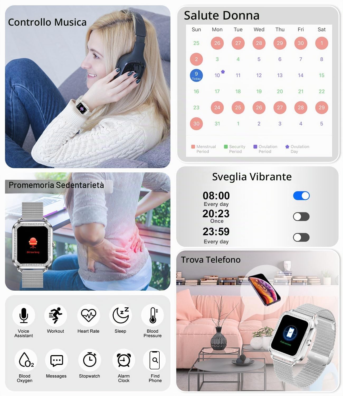 Smartwatch Donna Chiamate e Assistente Vocale, Orologio Smart Watch con Cardiofrequenzimetro Sonno SpO2, Notifiche Messaggi Contapassi Orologio Fitness per Android iOS 2 Cinturini