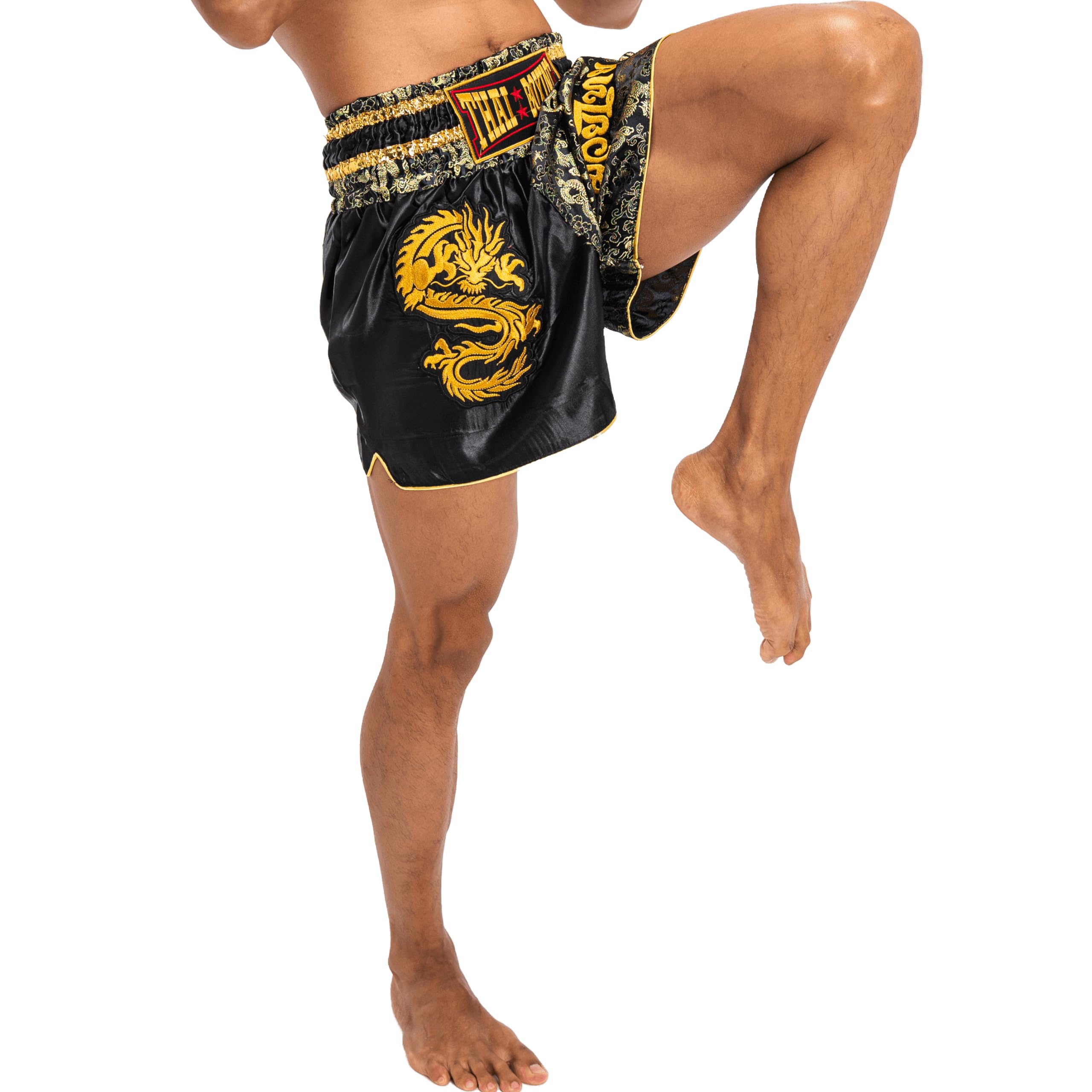 Pantalones Cortos de Muay Thai para Hombres y Mujeres, Corte Ajustado, Shorts de Boxeo MMA para Entrenamiento, Ropa de Kickboxing (FR/ES, Letras, L, Regular, Regular, Dragón Negro)