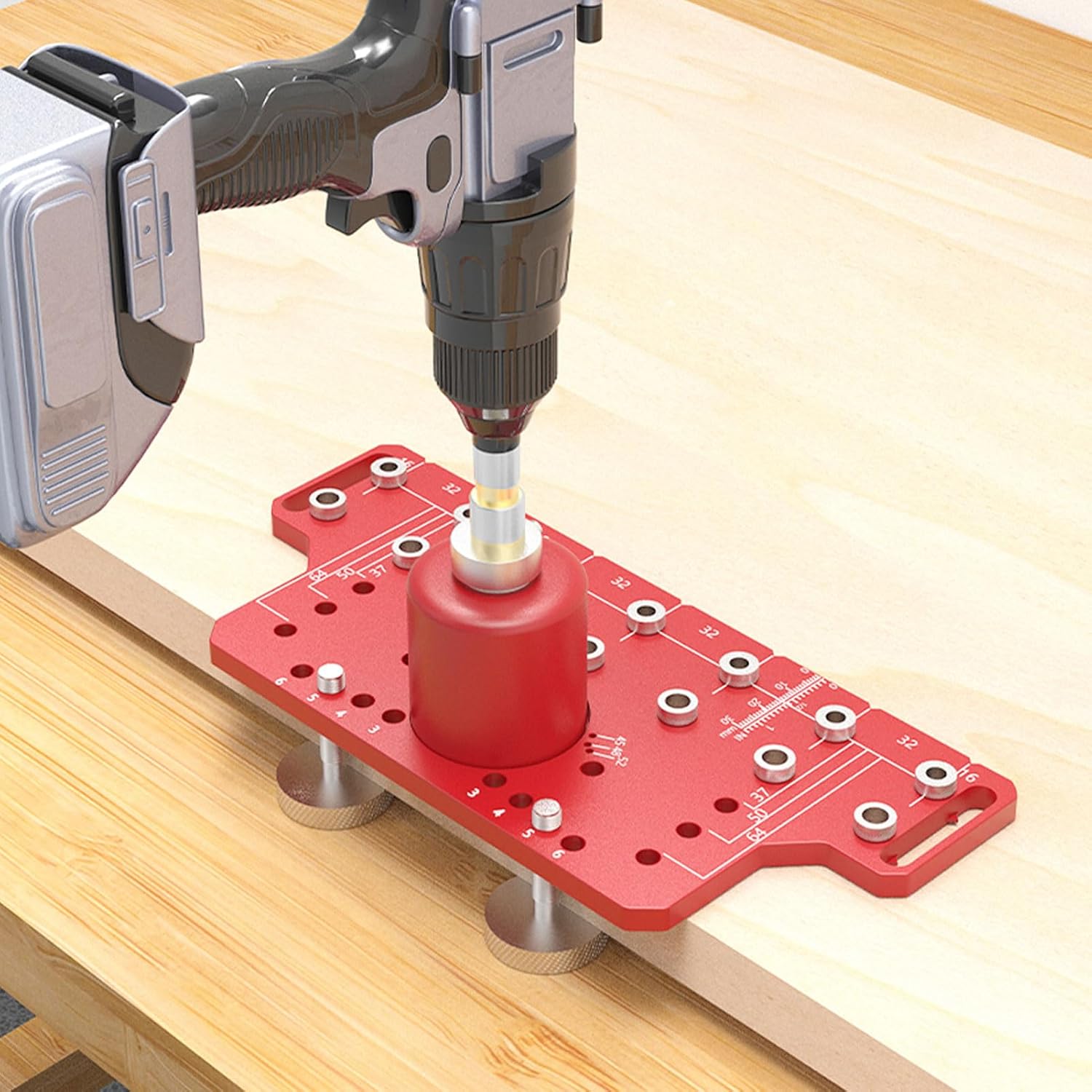 Shelf Pin Jig and Hinge Jig, 2 in 1 Self Contained Clamping Function, All Metal Shelf Pin Drilling Jig with 7 Drill Bits, 1/4in 6mm 5mm 2mm 35mm, Shelf Jig and Cabinet Hardware Jig