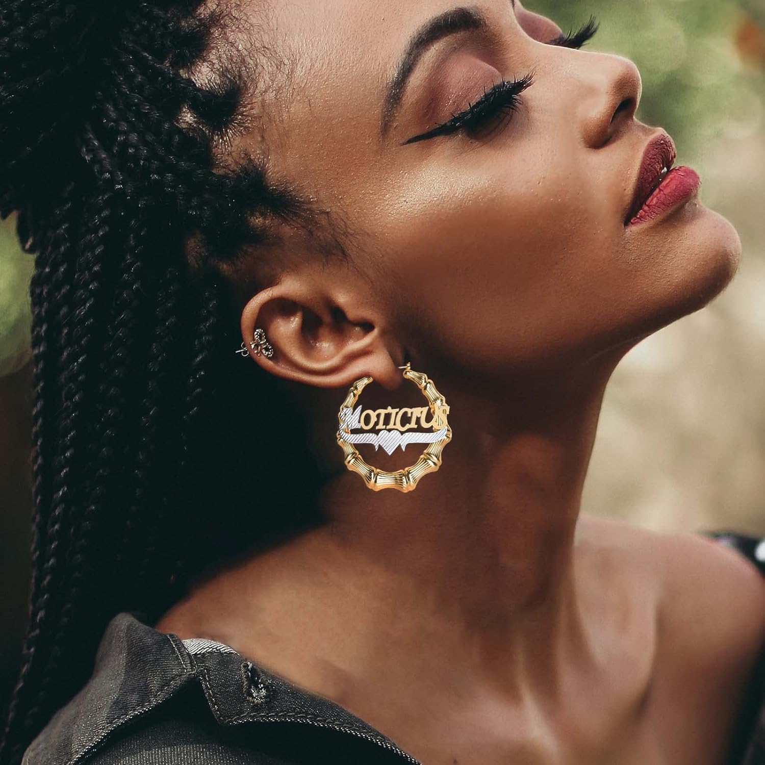 MOTICIUS Custom Bamboo Earrings for Women Personalized Name Earrings 18K Gold Plated Bamboo Earring Customized Big Hoop Earring Gifts for Women Mom Grandma