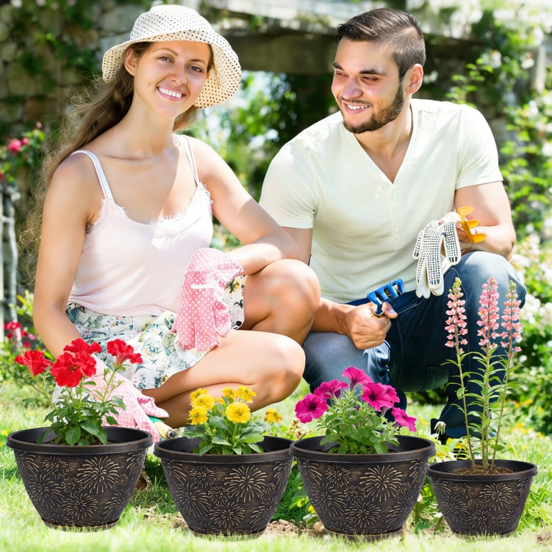 4 Pack 10 Inch Plant Pots with Drainage Holes and Saucers, Antique Gold Firework Embossed Resin Planters, Weather-Resistant Flower Pots for Indoor Outdoor Plants, Herbs, Pothos, Patio Home Decor