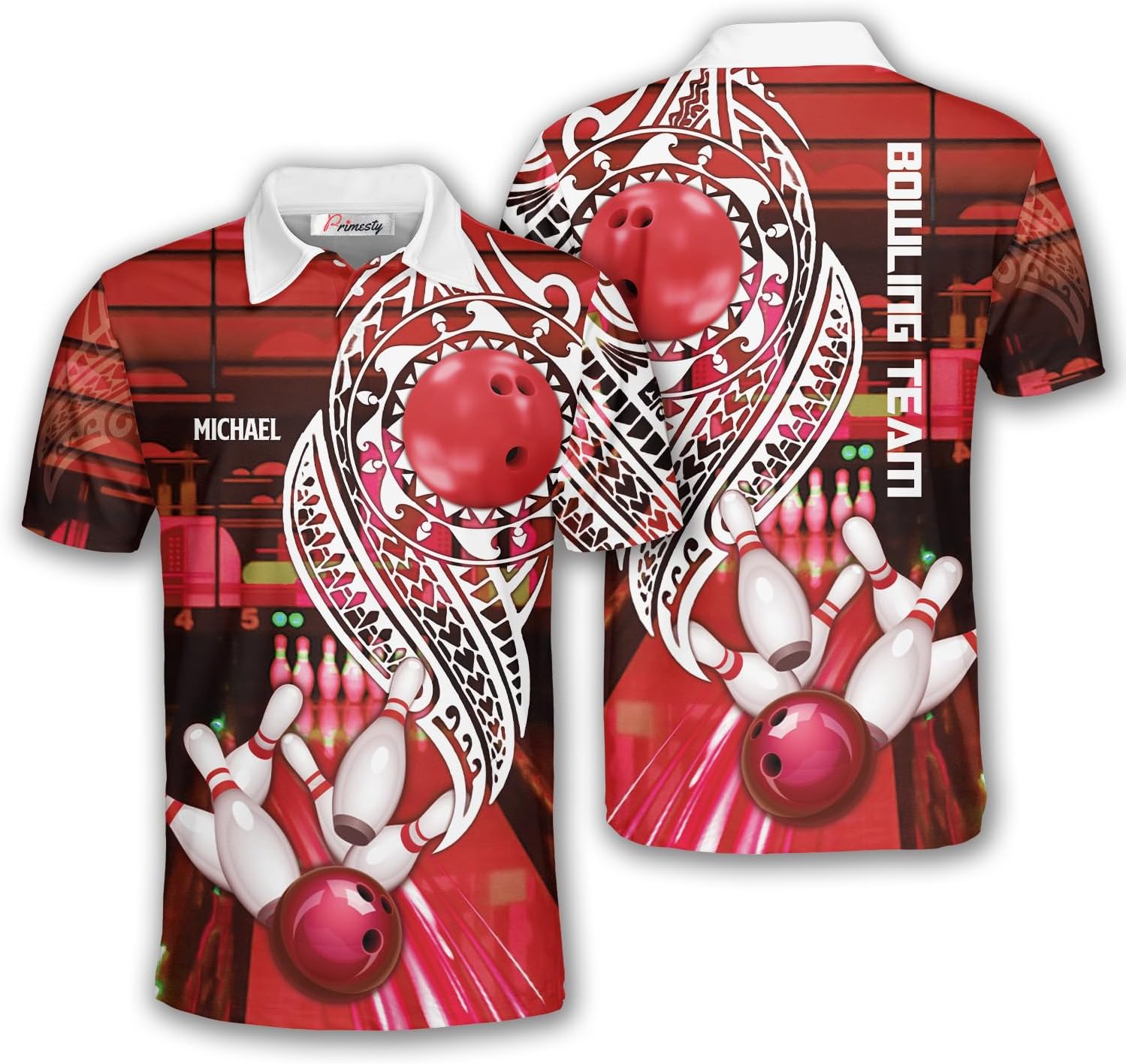 PRIMESTY Personalized Bowling Shirts for Men Custom Name and Team Name Bowling Polo Shirts Bowling Jerseys Size S-5XL