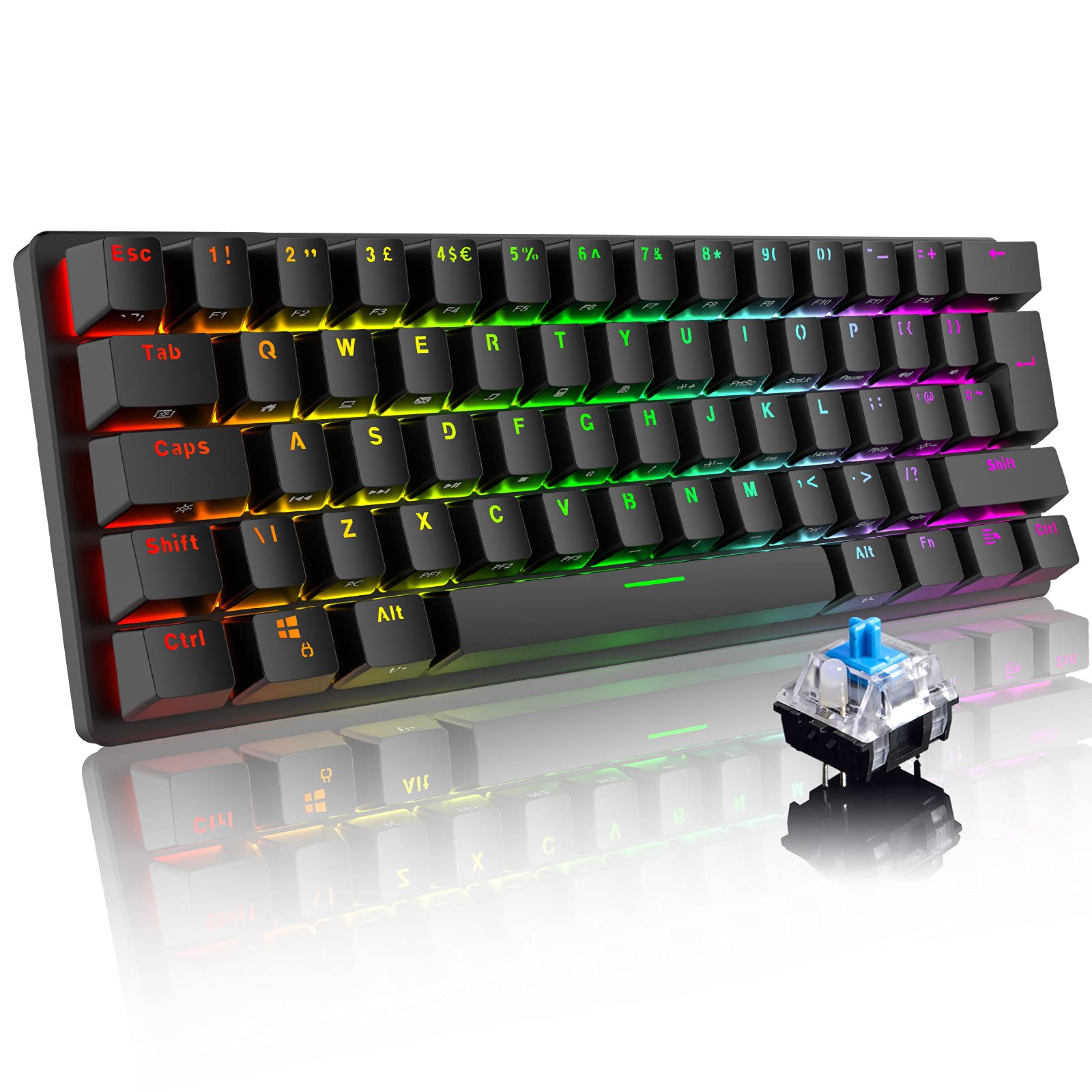 UK Layout Wired 60% Mechanical Gaming Keyboard, Mini 61 Key Layout 14 Chroma RGB Backlit Type-C USB Compact Keyboard with Full Anti-ghosting Keys for PC Mac Gamer Office Typist(Black/Blue Switch)
