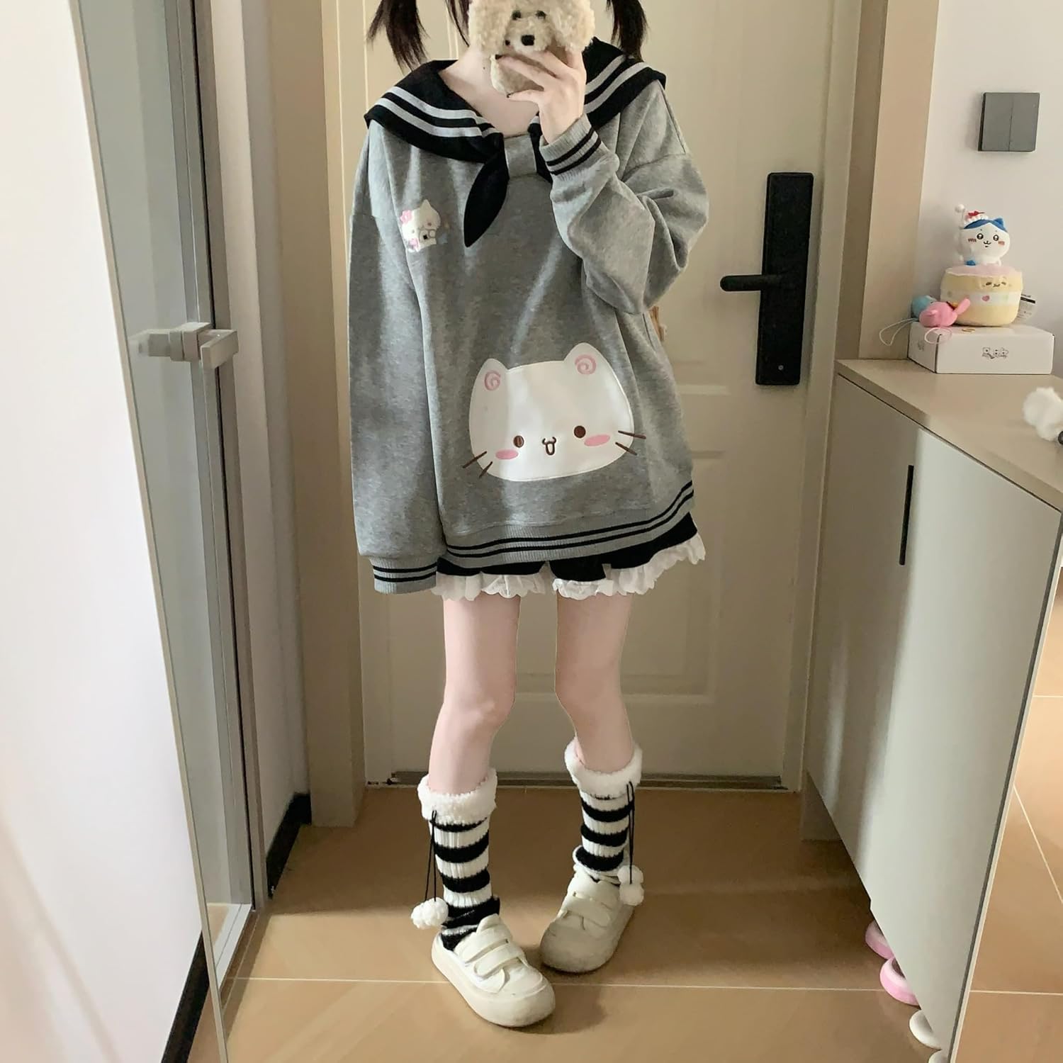 Womens Kawaii Doll Collar Cat Graphic Sweatshirt Cute Embroidery Bow Tops Warm Ribbed Stripe Harajuku Sweatshirts - Image 3