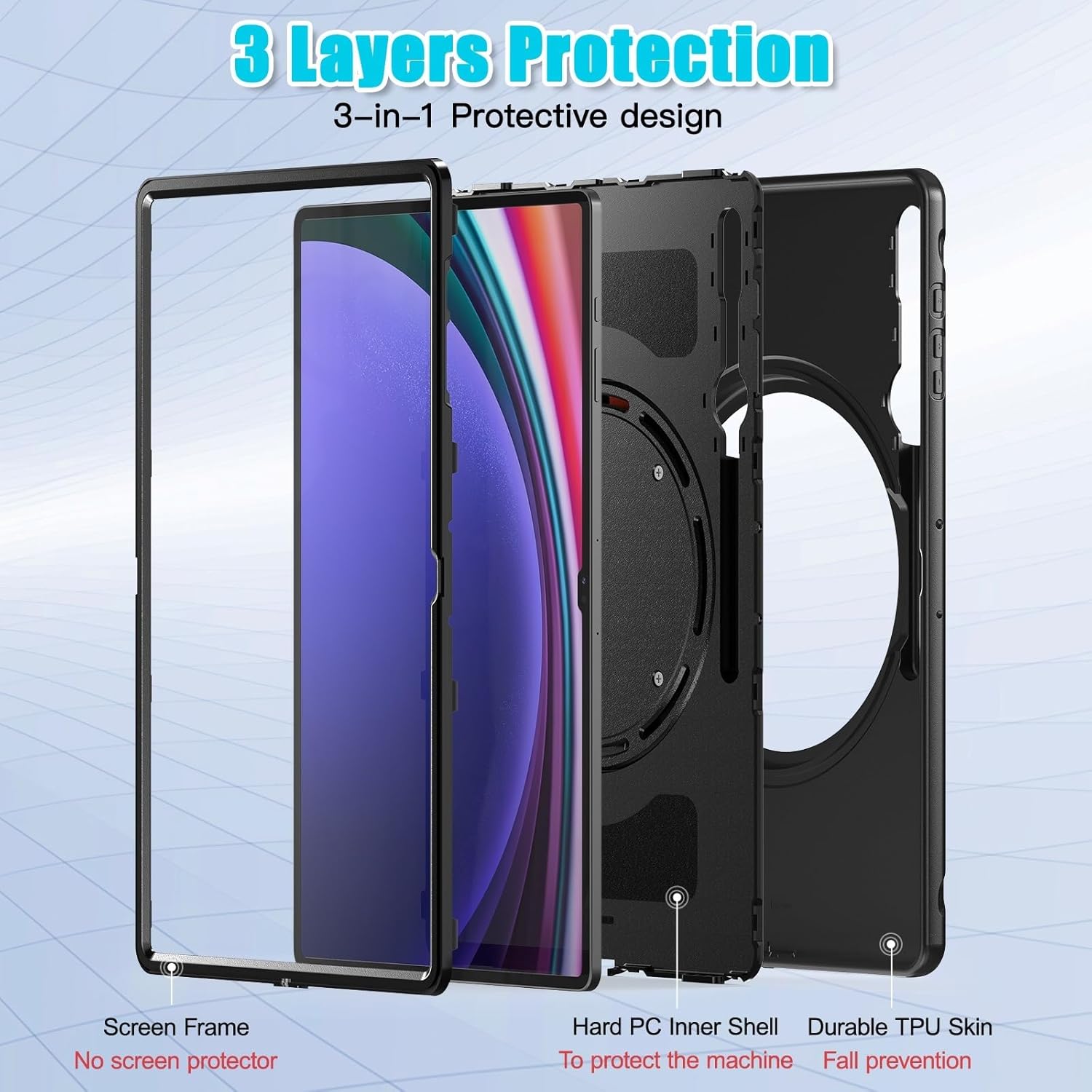 Compatible with Samsung Galaxy Tab S10 Ultra 14.6 inch 2024 SM-X920 Case with S Pen Holder & 360 Degree Swivel Kickstand Heavy Duty Hybrid Case Bumper Protective Kids Cover(Black)