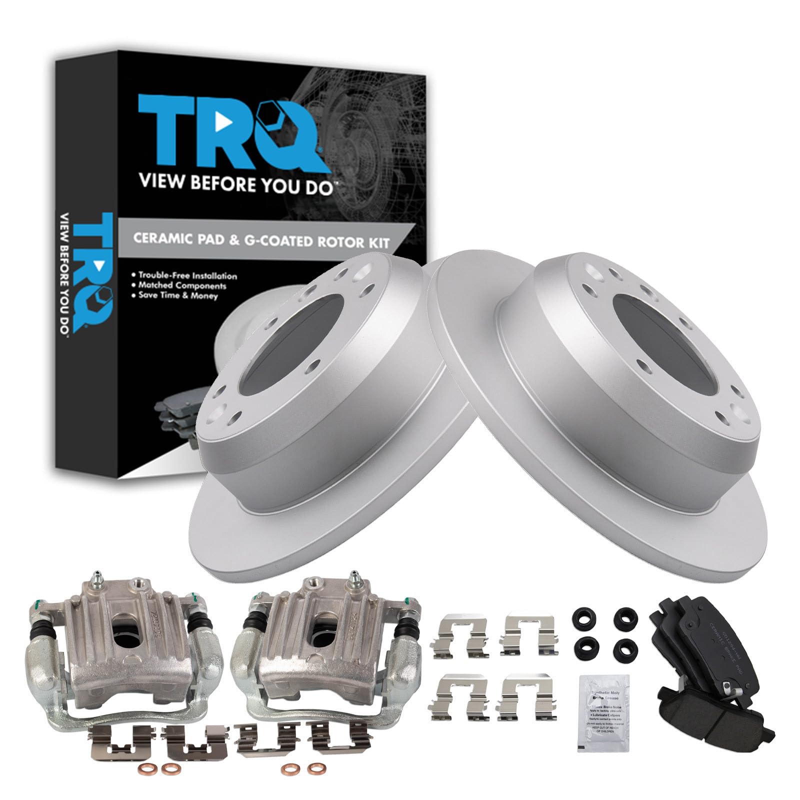 TRQ Rear Brake Pad and Rotor Set Ceramic Solid Rotors Calipers Compatible with 2007-2008 Hyundai Entourage