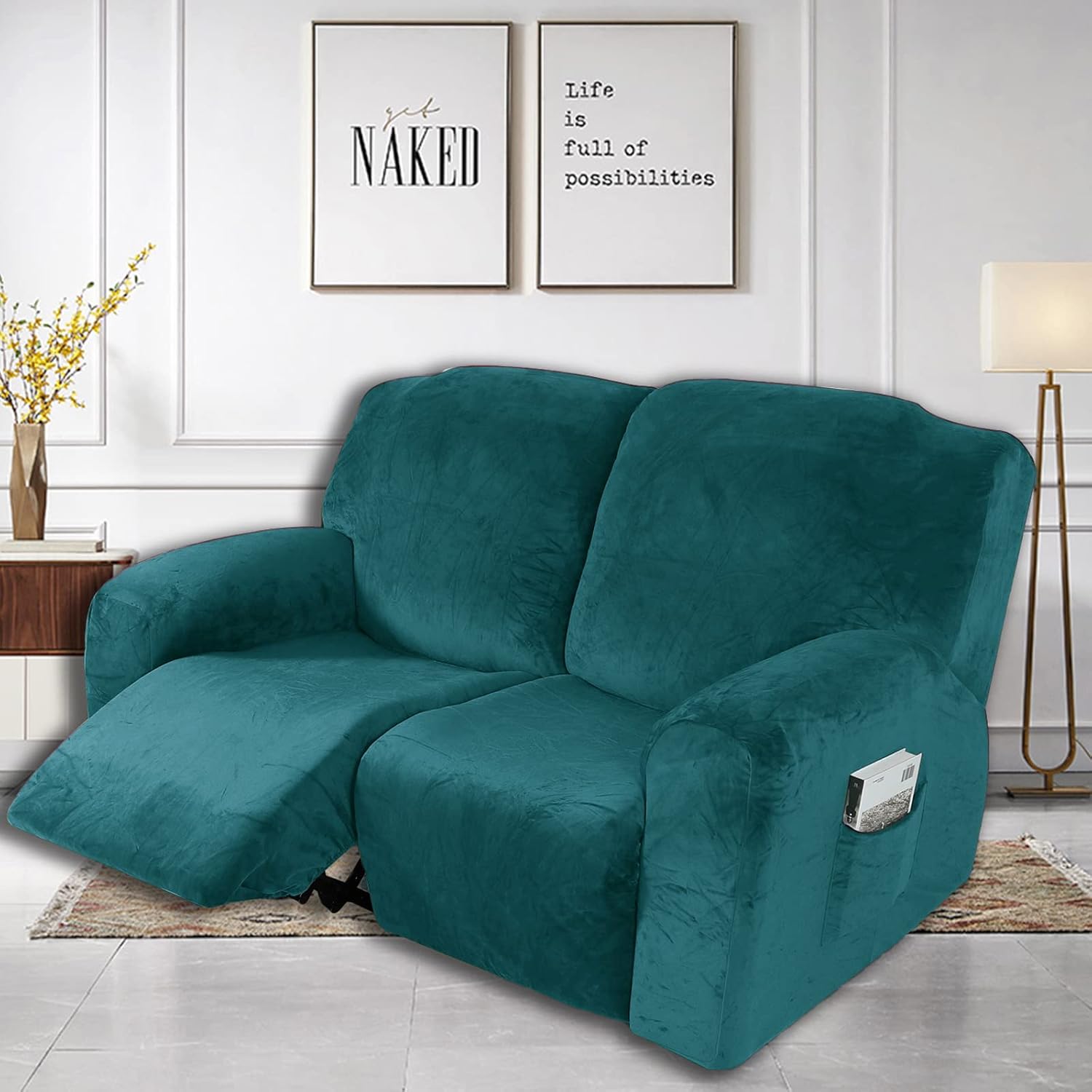 MIFXIN Loveseat Recliner Sofa Cover Velvet Stretch 2 Seat Reclining Sofa Couch Slipcover Soft Thick Elastic Recliner Cover Anti-Slip Washable Furniture Protector for Kids Pets (Dark Green)