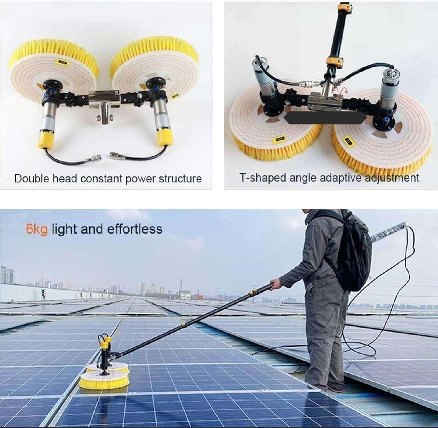 Solar Panel Cleaning Roller Brush - 360° Adjustable Angle, Water Fed Cleaning Pole Kit, 7.5M/24.ft Extendable Outdoor Roof Glass Cleaner Tools, with 10 m Extension Hose, with Wired