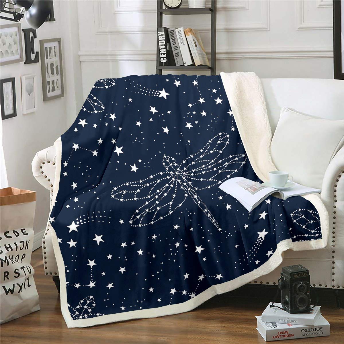 Loussiesd Girls Dragonfly Plush Throw Blanket Black White Galaxy Fleece Blanket for Couch Sofa Daughter Starry Sky Decor Sherpa Blanket Chic Insects Animal Pattern Fuzzy Blanket Baby 30"x40"