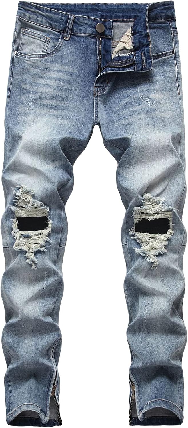 DGHM-JLMY Men's Jeans with Zippered Holes Ripped Skinny Slim Fit Jeans Stretch Jeans Distressed Fashion Comfort Pants