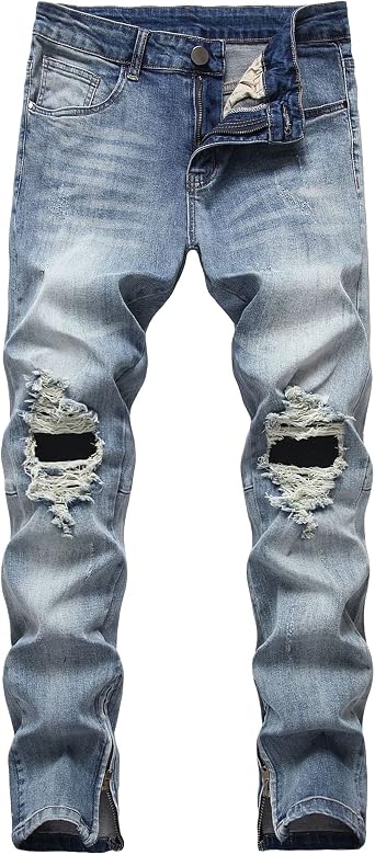 Maiyifu-GJ Mens Ripped Slim Tapered Leg Jeans Knee Holes Ankle Zipper Denim Pencil Pants Skinny Destroyed Jean Trousers