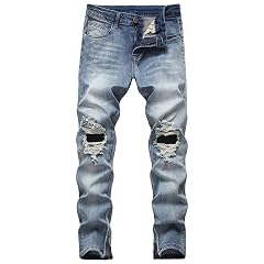 Maiyifu-GJ Mens Ripped Slim Tapered Leg Jeans Knee Holes Ankle Zipper Denim Pencil Pants Skinny Destroyed Jean Trousers